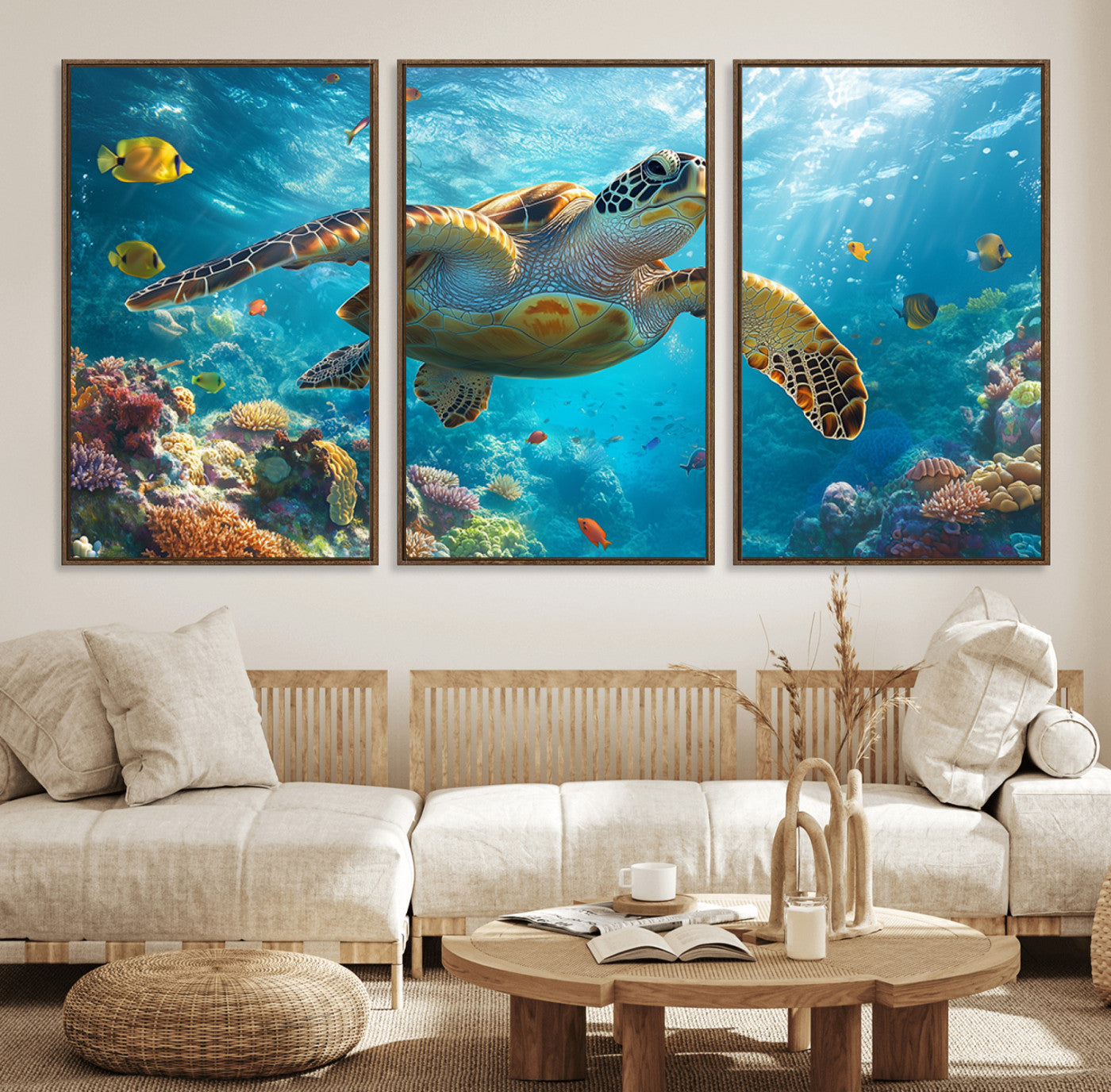 37623-MGV-FC-60X30-3P_Walnut-Sea Turtle Underwater Canvas Wall Art Print - Vibrant Ocean Wildlife Decor, Marine Wall Art