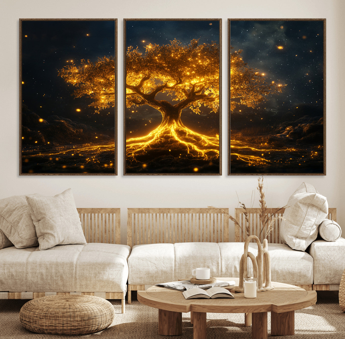 MGV-FC-60X30-3P - Golden Tree of Life Canvas Wall Art Print - Majestic Glowing Tree Design for Living Room, Office, or