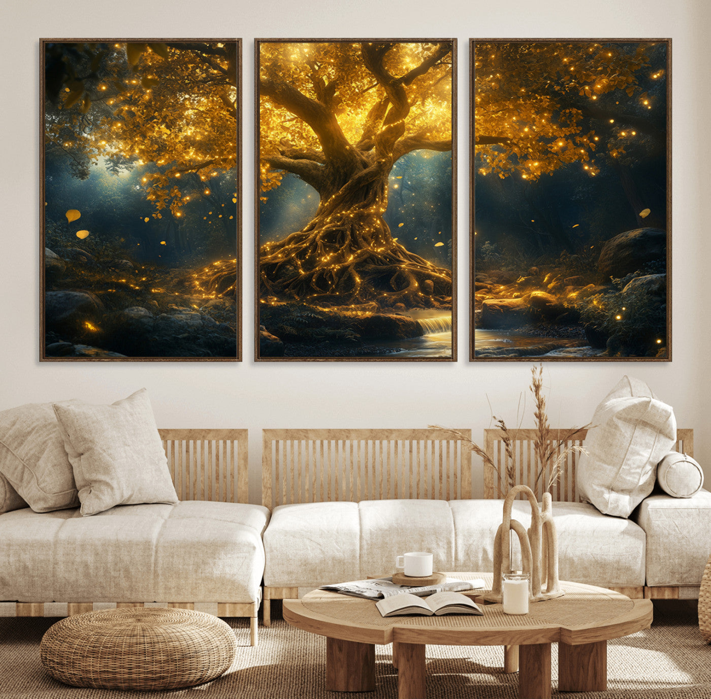 MGV-FC-60X30-3P - Golden Tree of Life Canvas Wall Art Print - Majestic Glowing Tree Wall Art Print