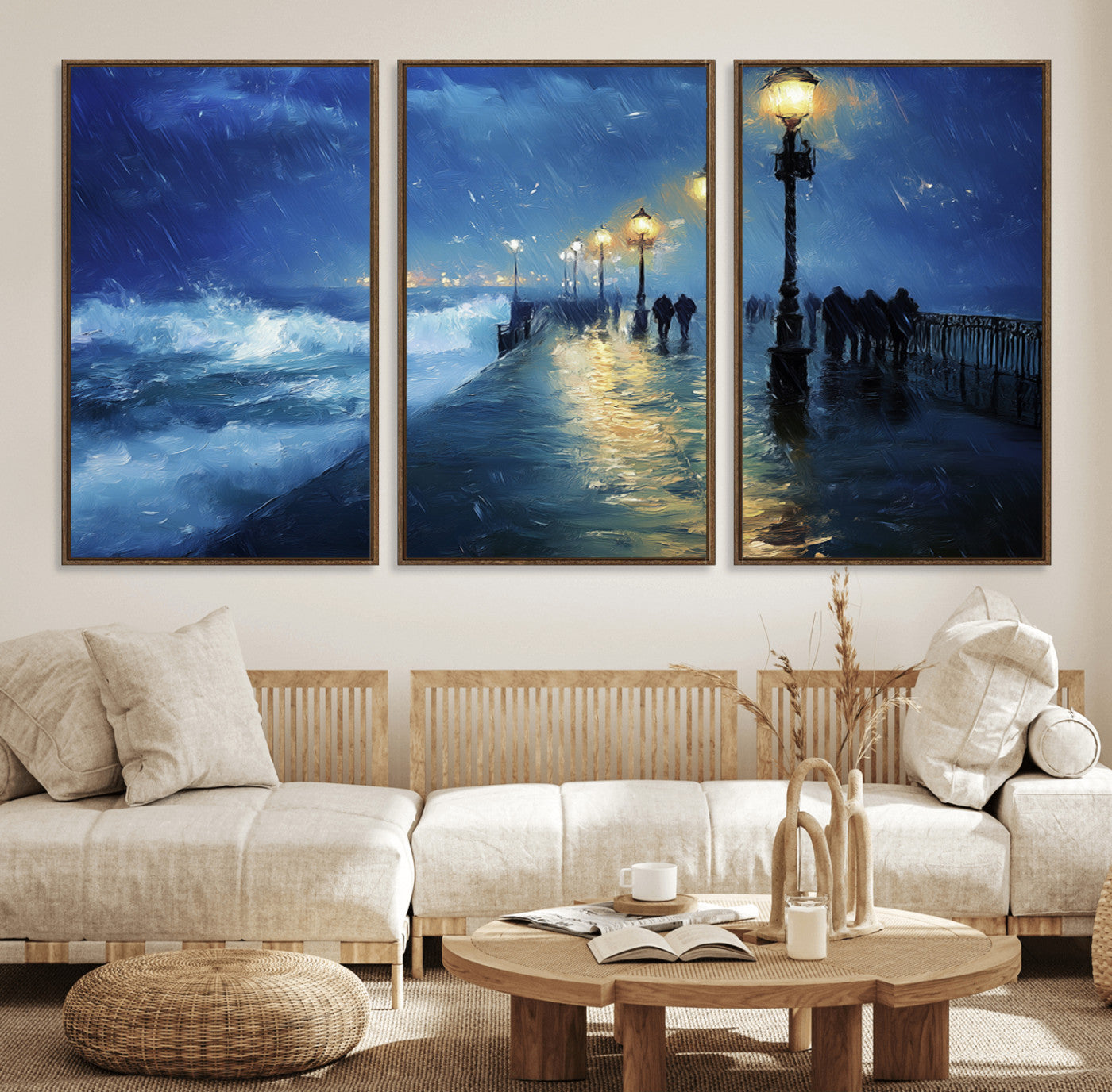 76572-MGV-FC-60X30-3P_Walnut-Abstract Stormy Ocean Pier Canvas Wall Art Print | Stormy Ocean Art | Large Moody Night Scene Print,