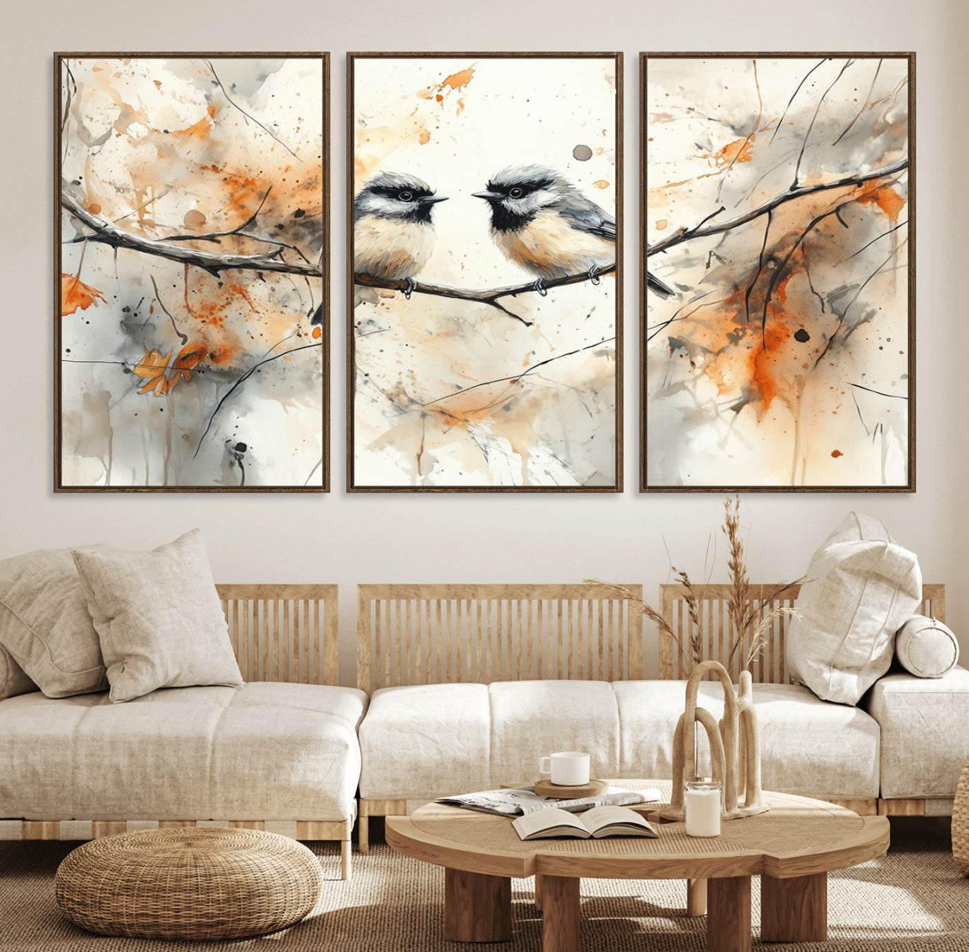 A soft and elegant watercolor painting of two chickadees perched on a delicate branch, surrounded by splashes of orange and neutral tones evoking a calm autumn day.