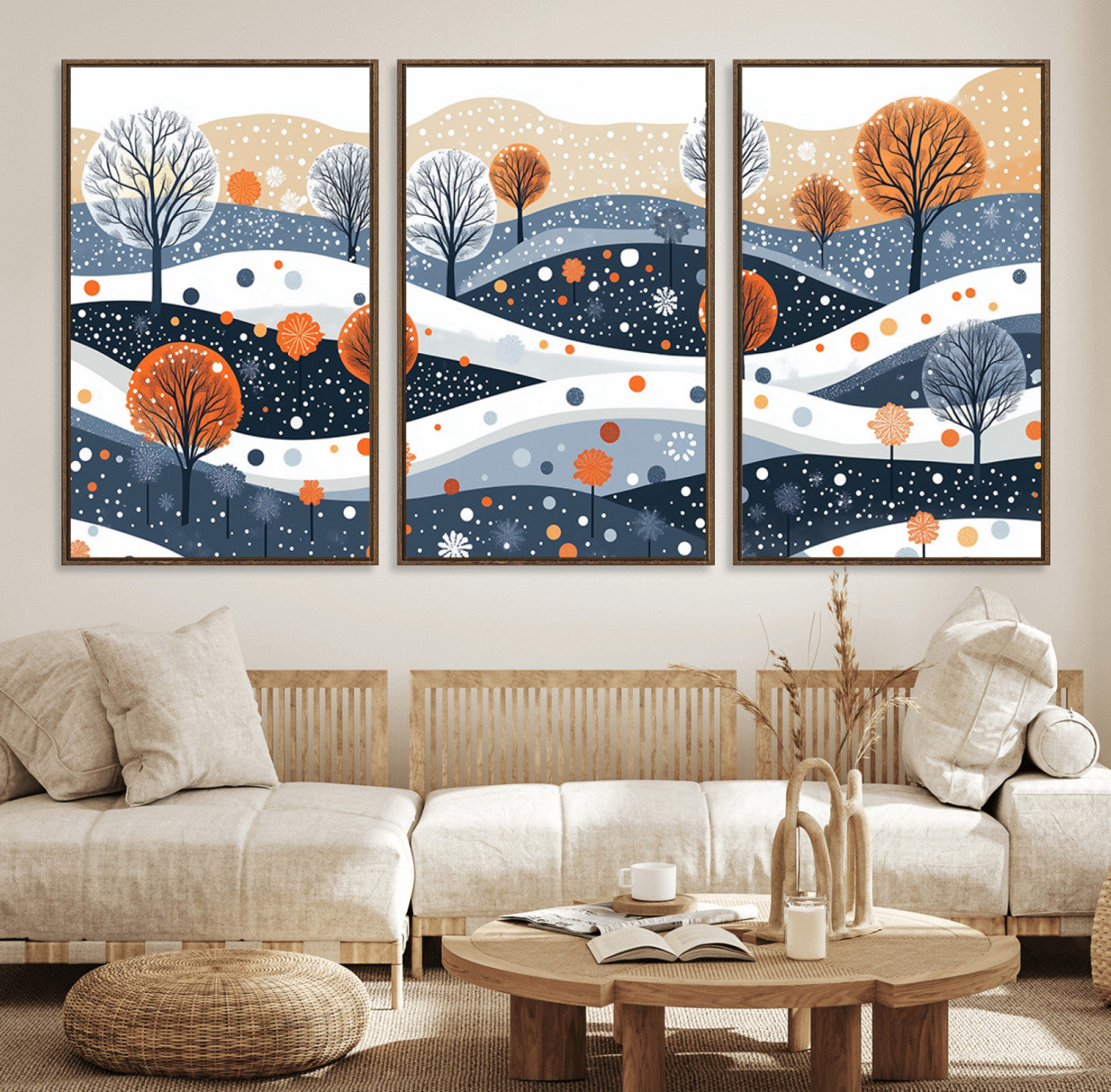 22651-MGV-FC-60X30-3P_Walnut-Abstract Winter Landscape Canvas Wall Art Print - Large Colorful Nature Wall Decor
