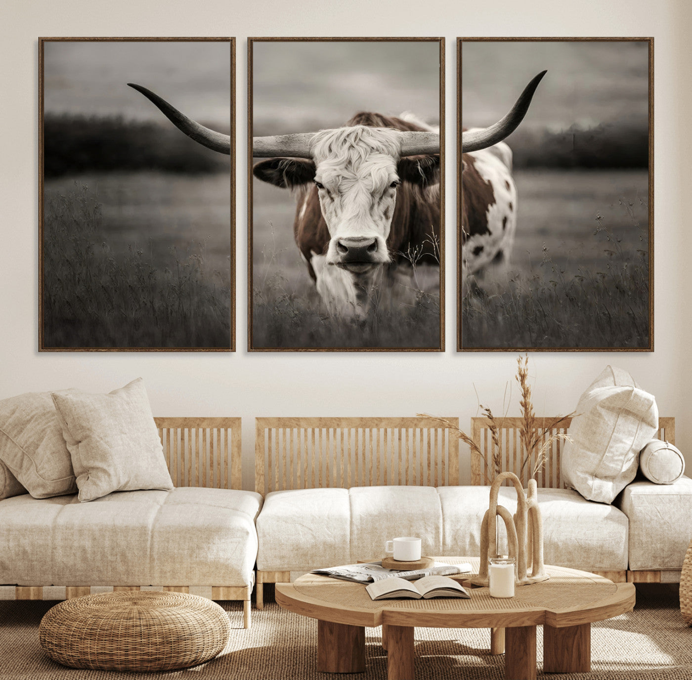69238-MGV-FC-60X30-3P_Walnut-Texas Longhorn Cow Canvas Wall Art Print - Large Rustic Longhorn Art for Living Room, Western Wall