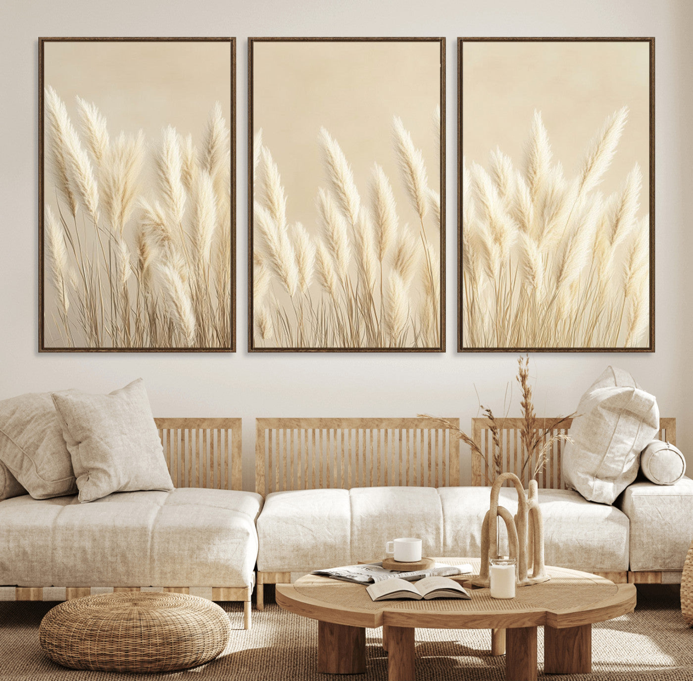 81444-MGV-FC-60X30-3P_Walnut-Grass Wall Art Print - Elegant Neutral Decor for Living Room, Boho Minimalist Artwork, Ready to Hang