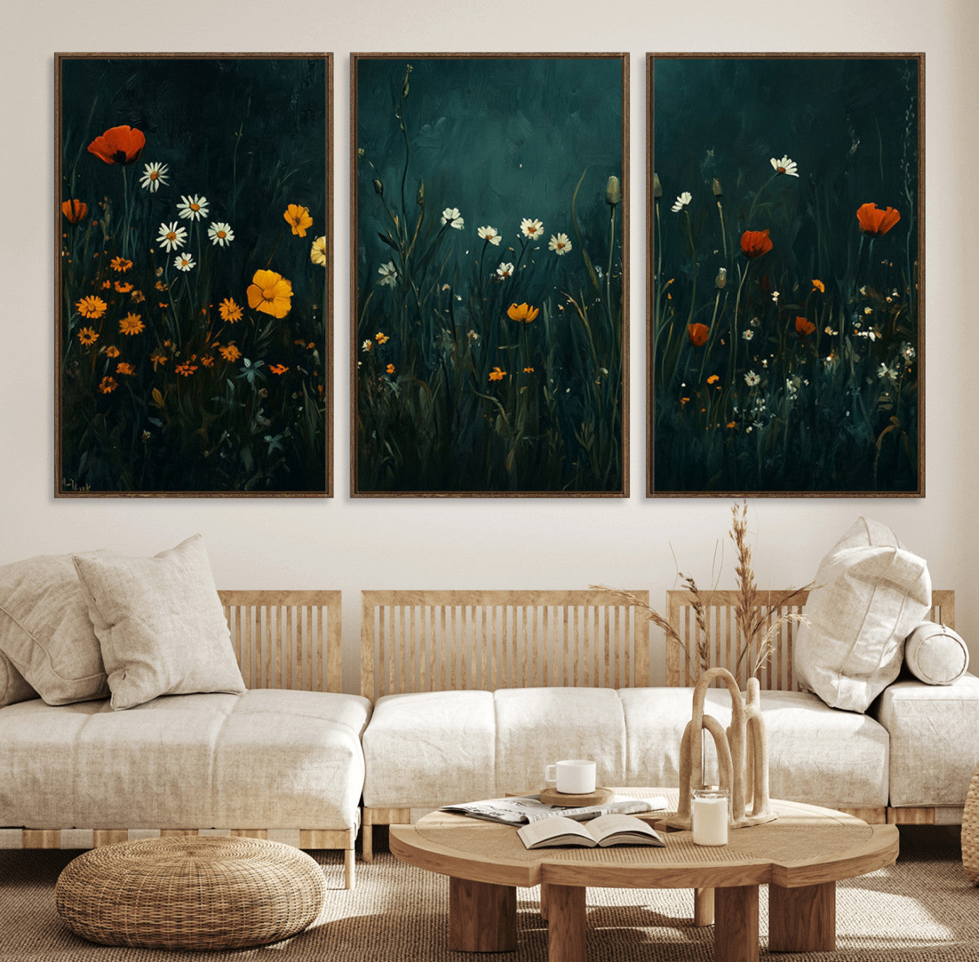 MGV-FC-60X30-3P - Framed Wildflower Field Wall Art, Framed Vintage Botanical Landscape Sign, Floral Decor, Modern