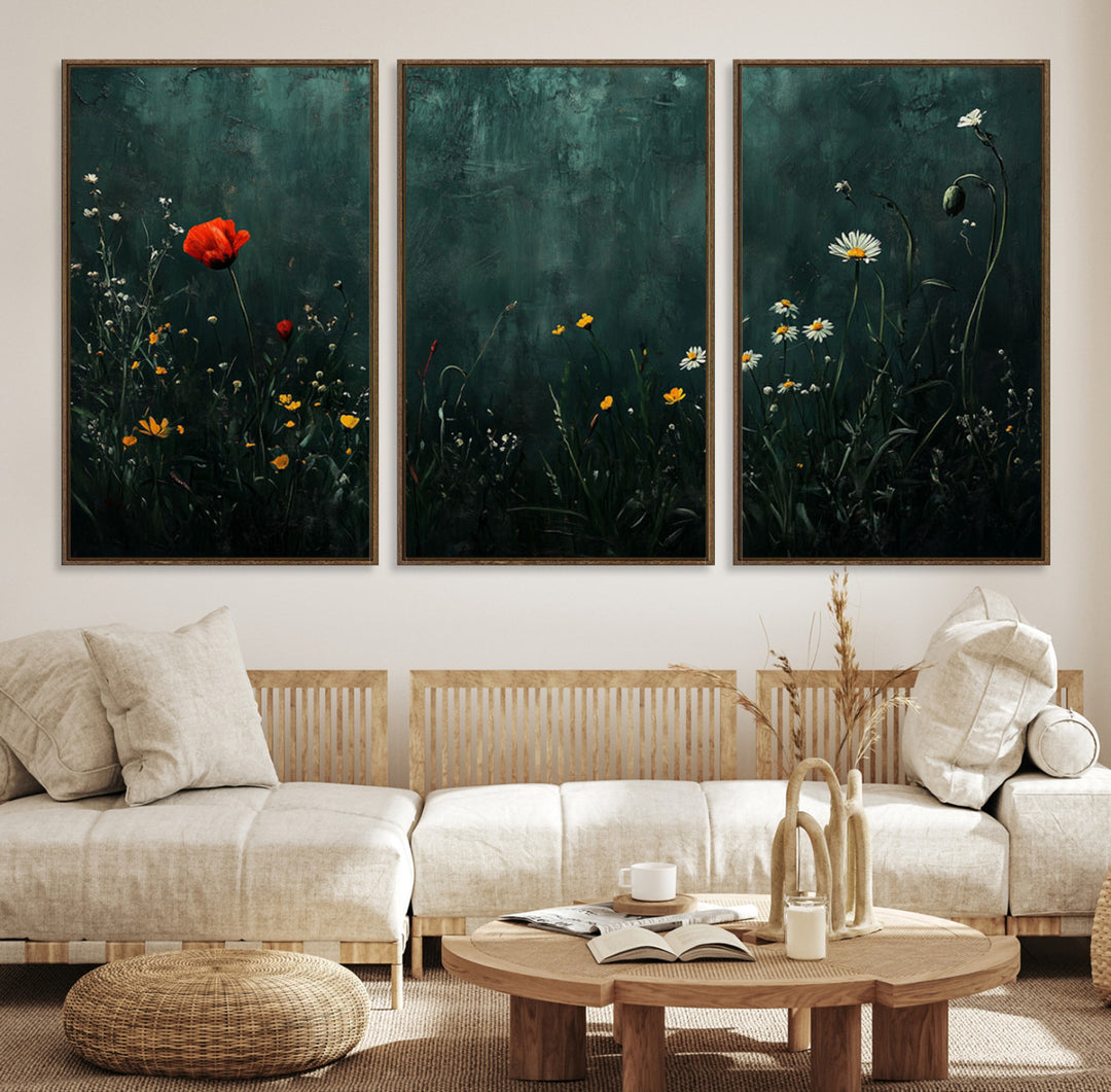 Wildflower Field Framed Wall Art, Vintage Botanical Landscape Sign, Botanical Wall Art, Modern Farmhouse Canvas Art, Field Of Flowers Canvas Print
