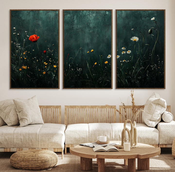 Wildflower Field Framed Wall Art, Vintage Botanical Landscape Sign, Botanical Wall Art, Modern Farmhouse Canvas Art, Field Of Flowers Canvas Print