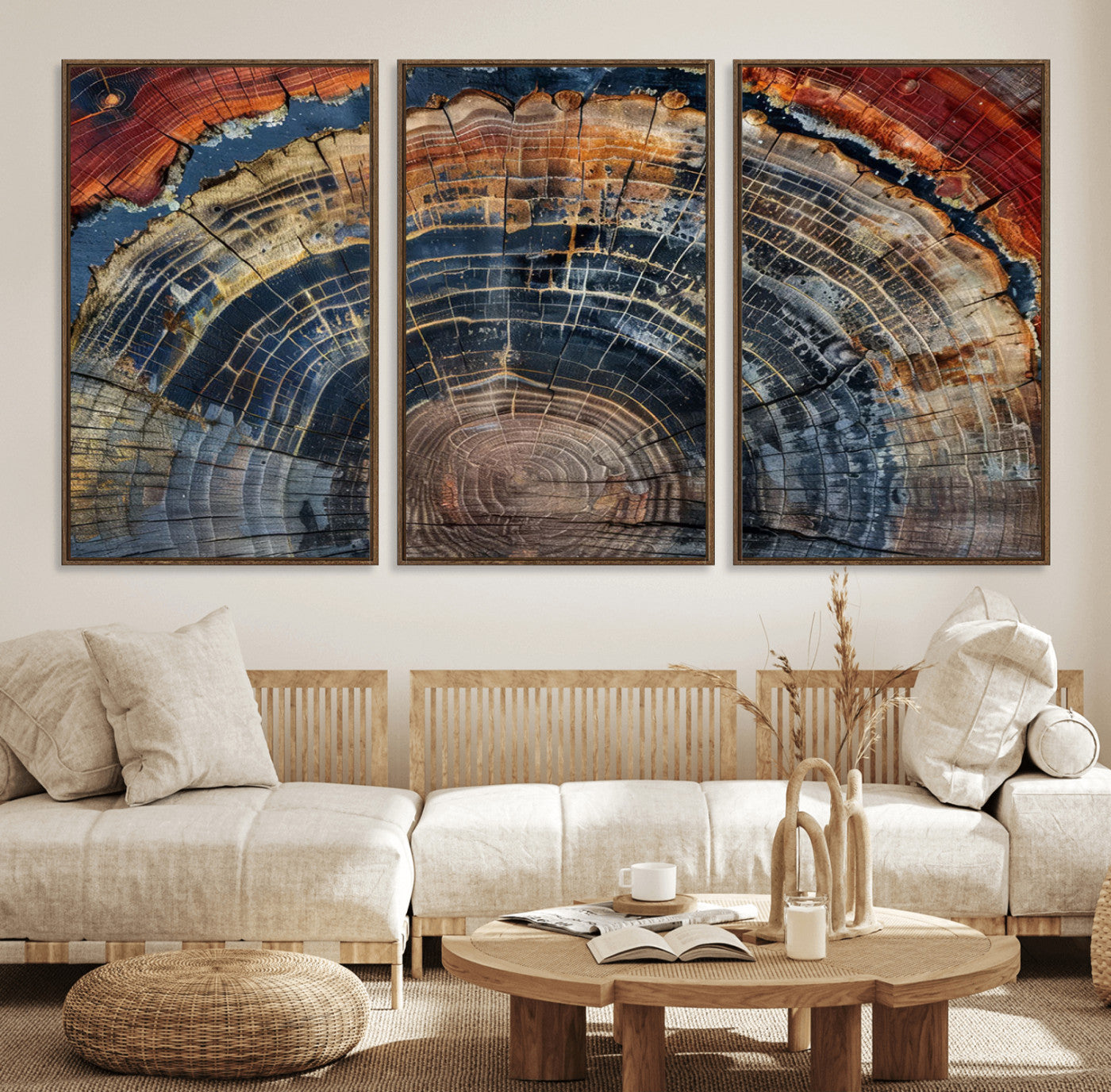 63519-MGV-FC-60X30-3P_Walnut-Abstract Tree Ring Wall Art, Colorful Framed Tree Ring Wall Decor, Minimalist Home Canvas Art,