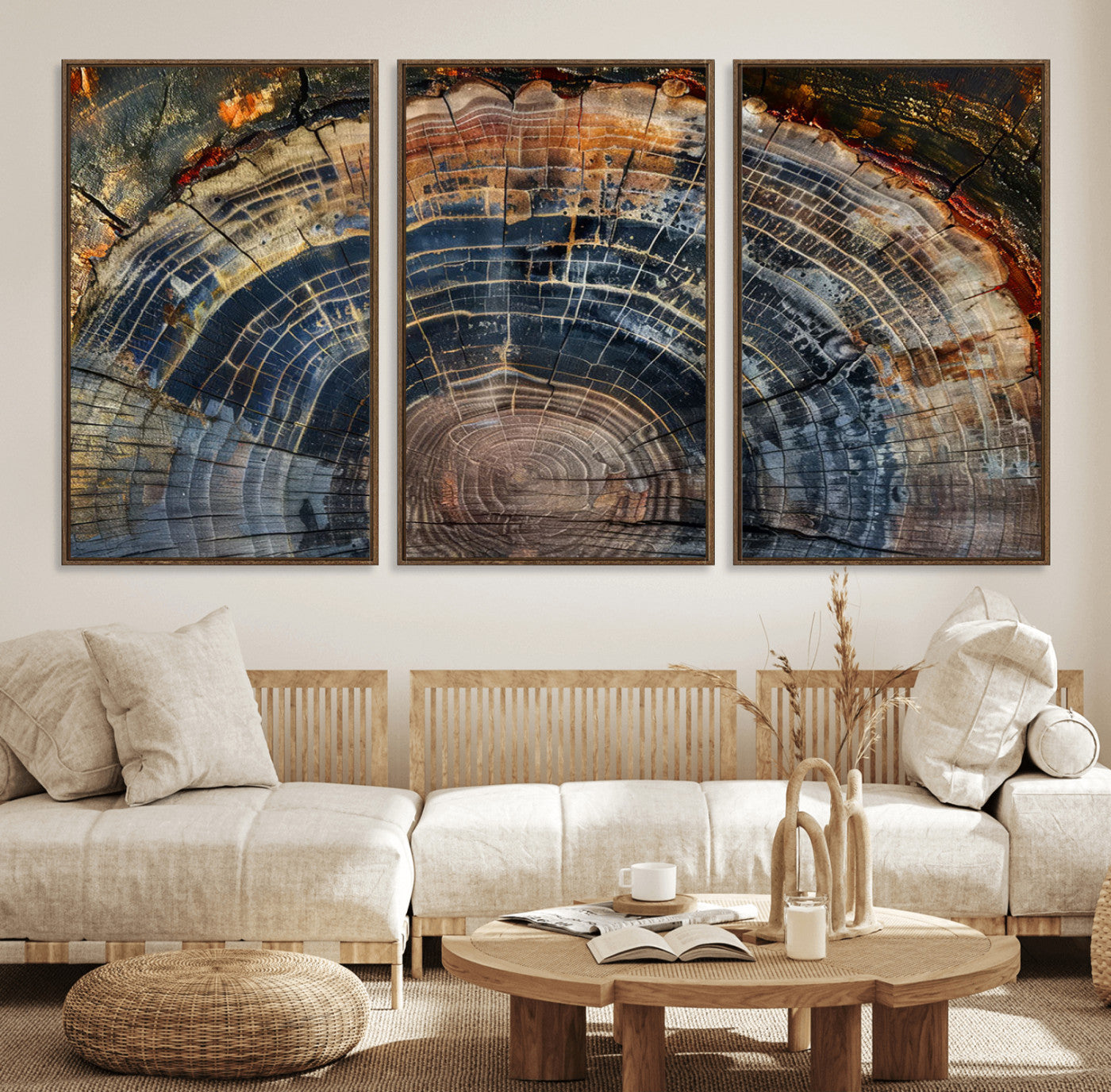 16193-MGV-FC-60X30-3P_Walnut-Framed Tree Ring Wall Art - Abstract Colorful Tree Ring Wall Decor, Minimalist Home Canvas Art,