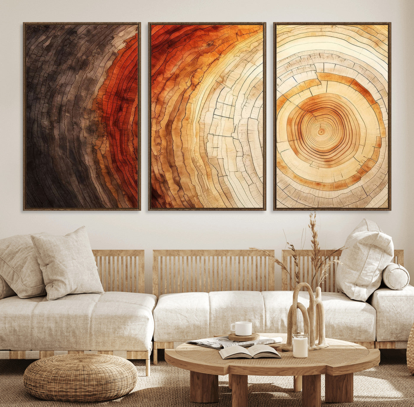 57529-MGV-FC-60X30-3P_Walnut-Tree Ring Print on Canvas Wall Art, Tree Stump Print, Wood Wall Art Living Room, Abstract Natural
