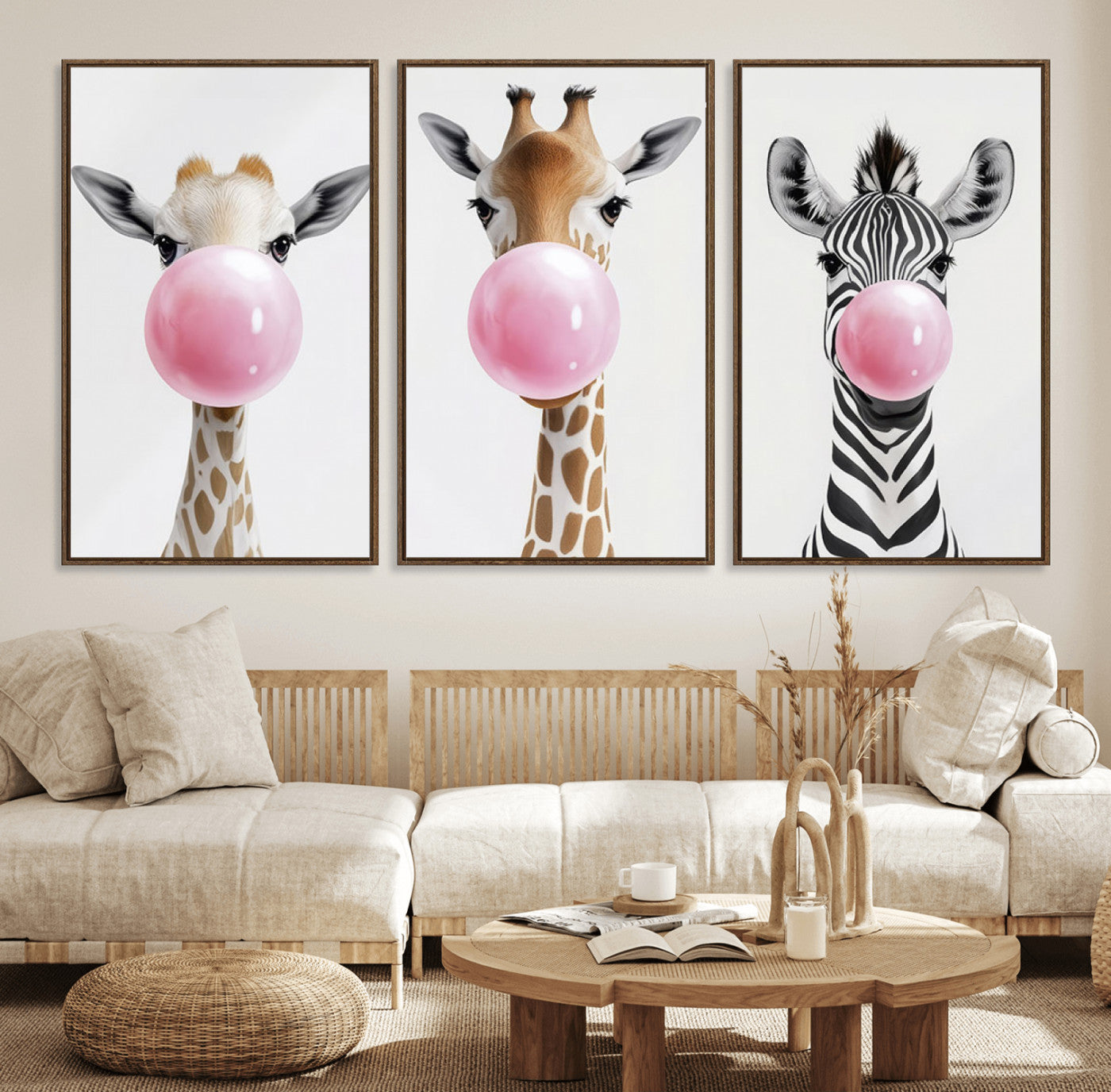 71987-MGV-FC-60X30-3P_Walnut-Bubblegum Animals Canvas Wall Art - Playful Giraffe and Zebra Trio, Fun Nursery Decor for Kids'