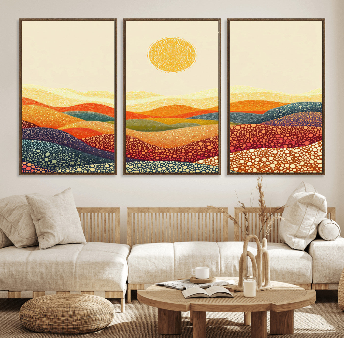 74226-MGV-FC-60X30-3P_Walnut-YAYOI KUSAMA Colorful Dot Art Landscape Canvas - Framed Abstract Pointillism Inspired by Nature with