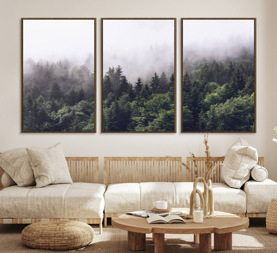 A serene triptych nature print featuring a misty forest, perfect as wall art.