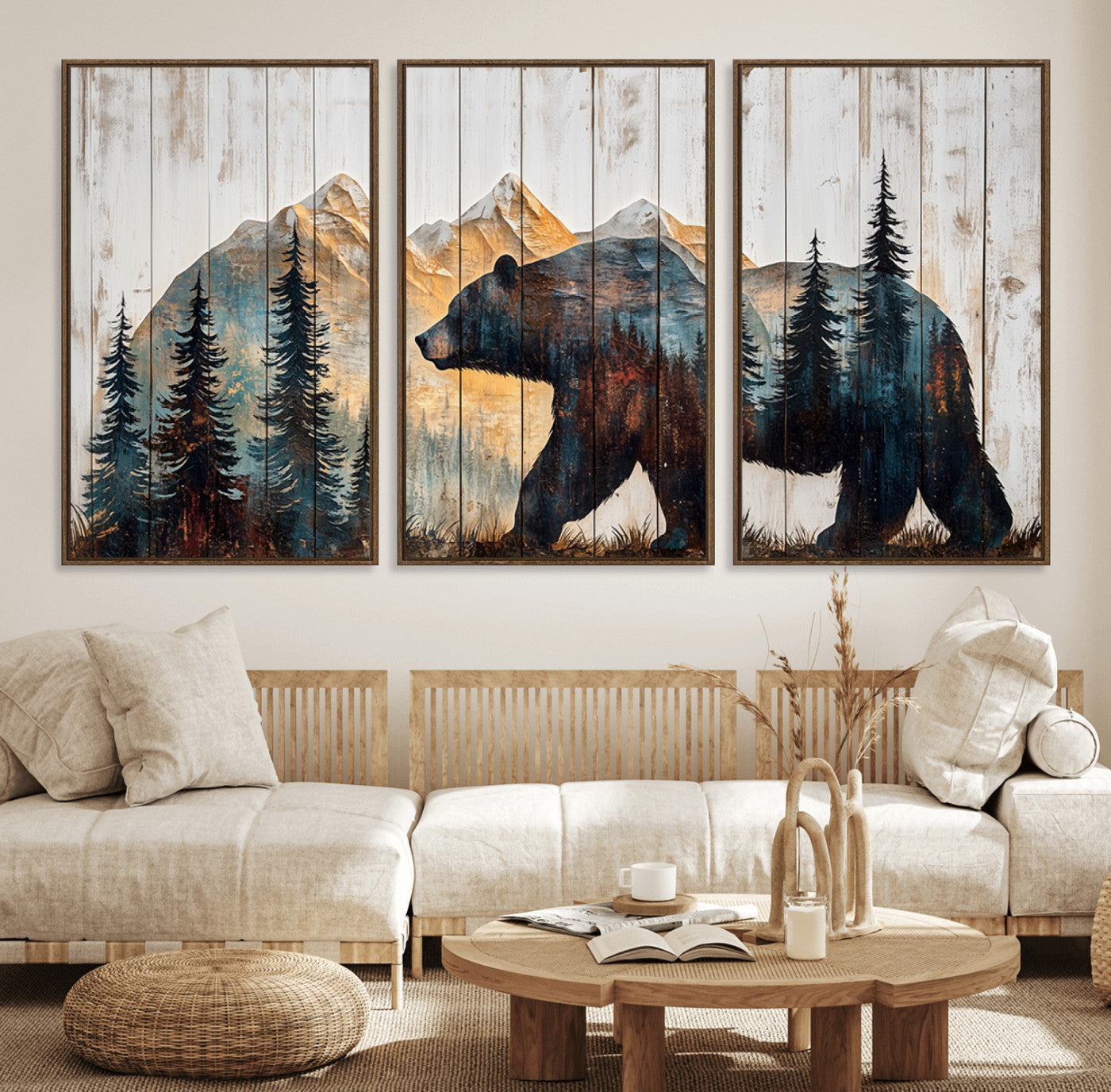 MGV-FC-60X30-3P - Rustic Bear Wall Art - Grizzly 399 Bear Wall Art - Mountain Wood Canvas Wall Art - Nature Theme