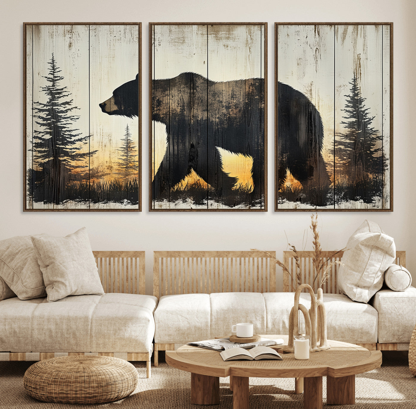 MGV-FC-60X30-3P - Vintage Bear Wall Art Canvas Print for Farmhouse - Mountain Wood Canvas Wall Art - Forest Silhouette