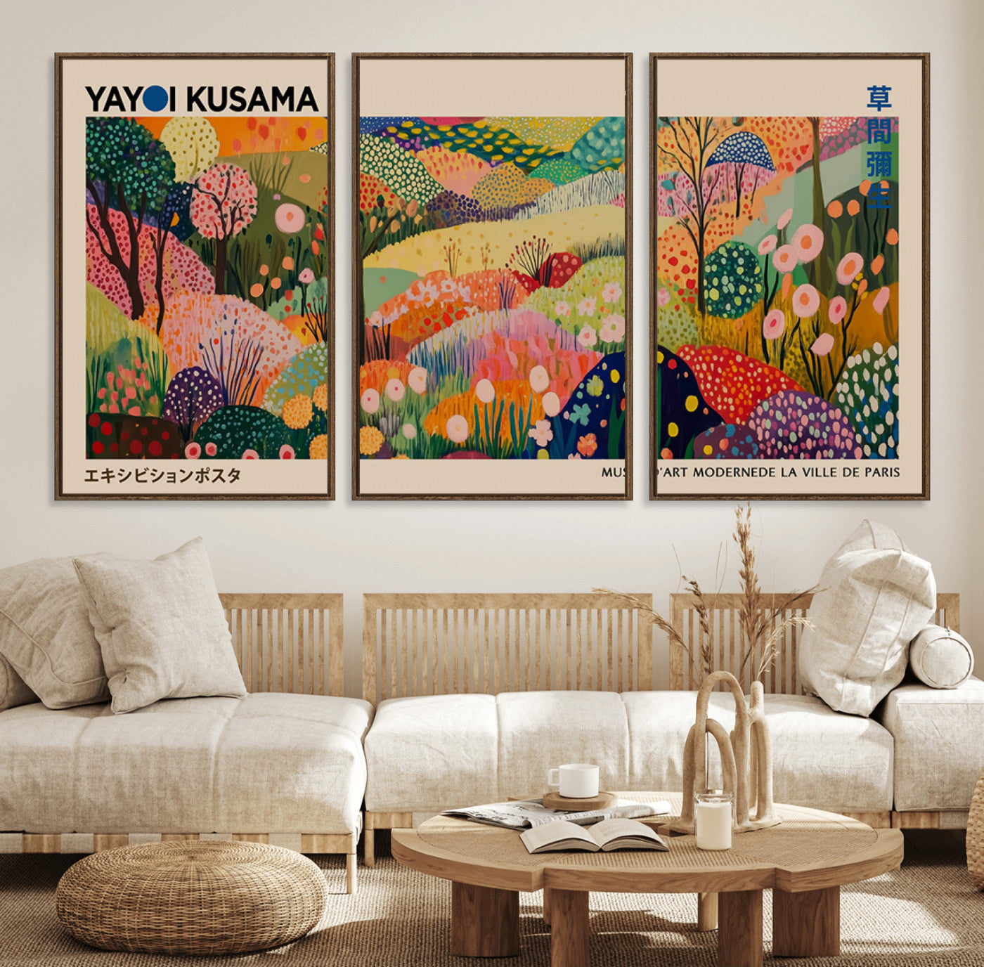 47970-MGV-FC-60X30-3P_Walnut-Yayoi Kusama Japanese Art Canvas Print, Abstract Art, Large Yayoi Kusama Framed Print, Japanese Wabi