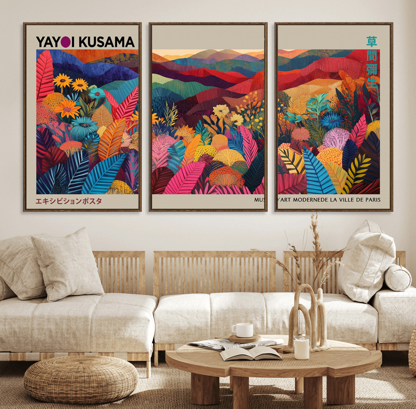 53639-MGV-FC-60X30-3P_Walnut-Yayoi Kusama Wall Art Canvas Print, Abstract Art, Large Yayoi Kusama Framed Print, Japanese Wabi