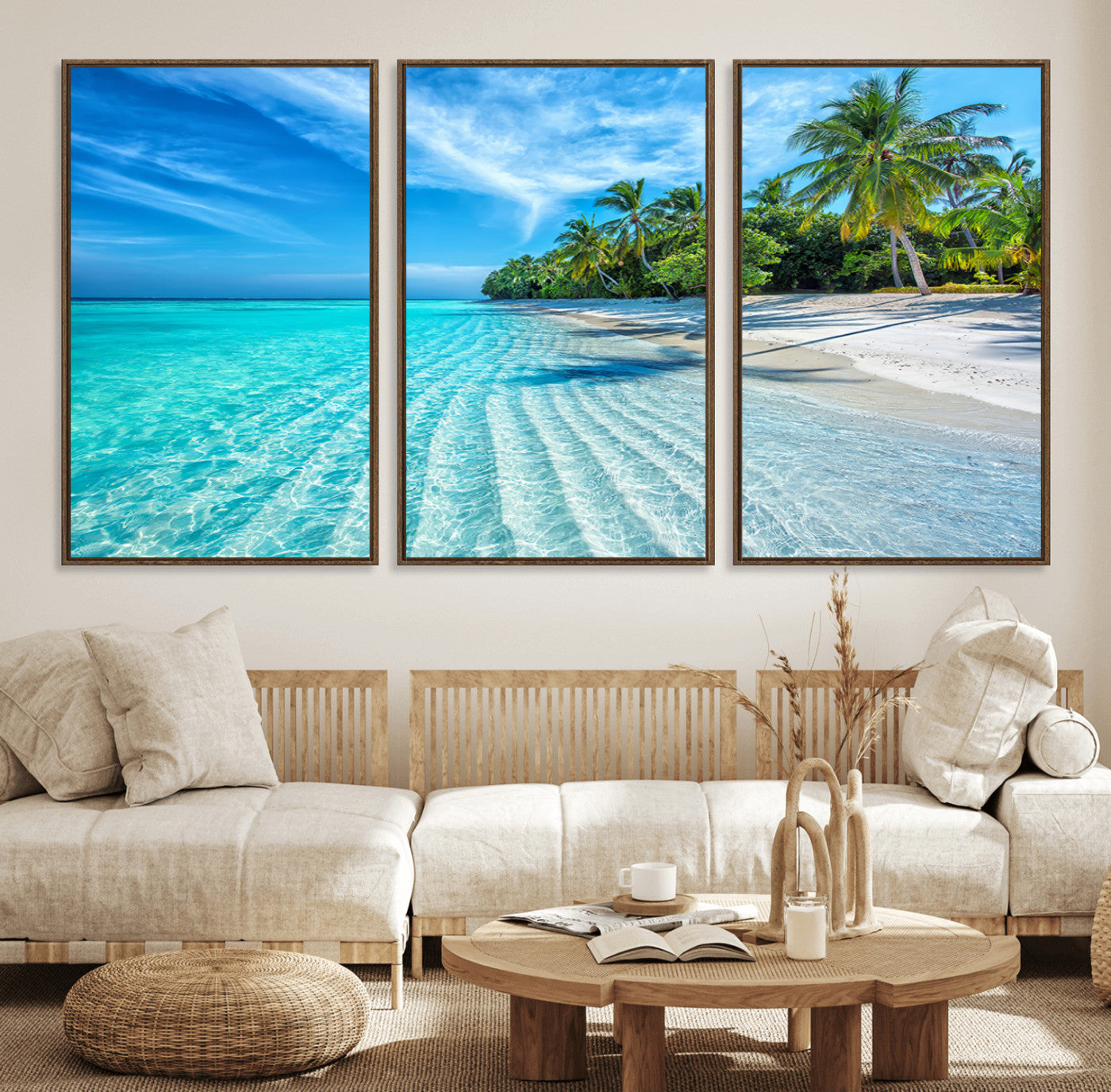 MGV-FC-60X30-3P - Tropical Beach Wall Art Canvas Print - Serene Ocean Landscape with Crystal Clear Turquoise Water and