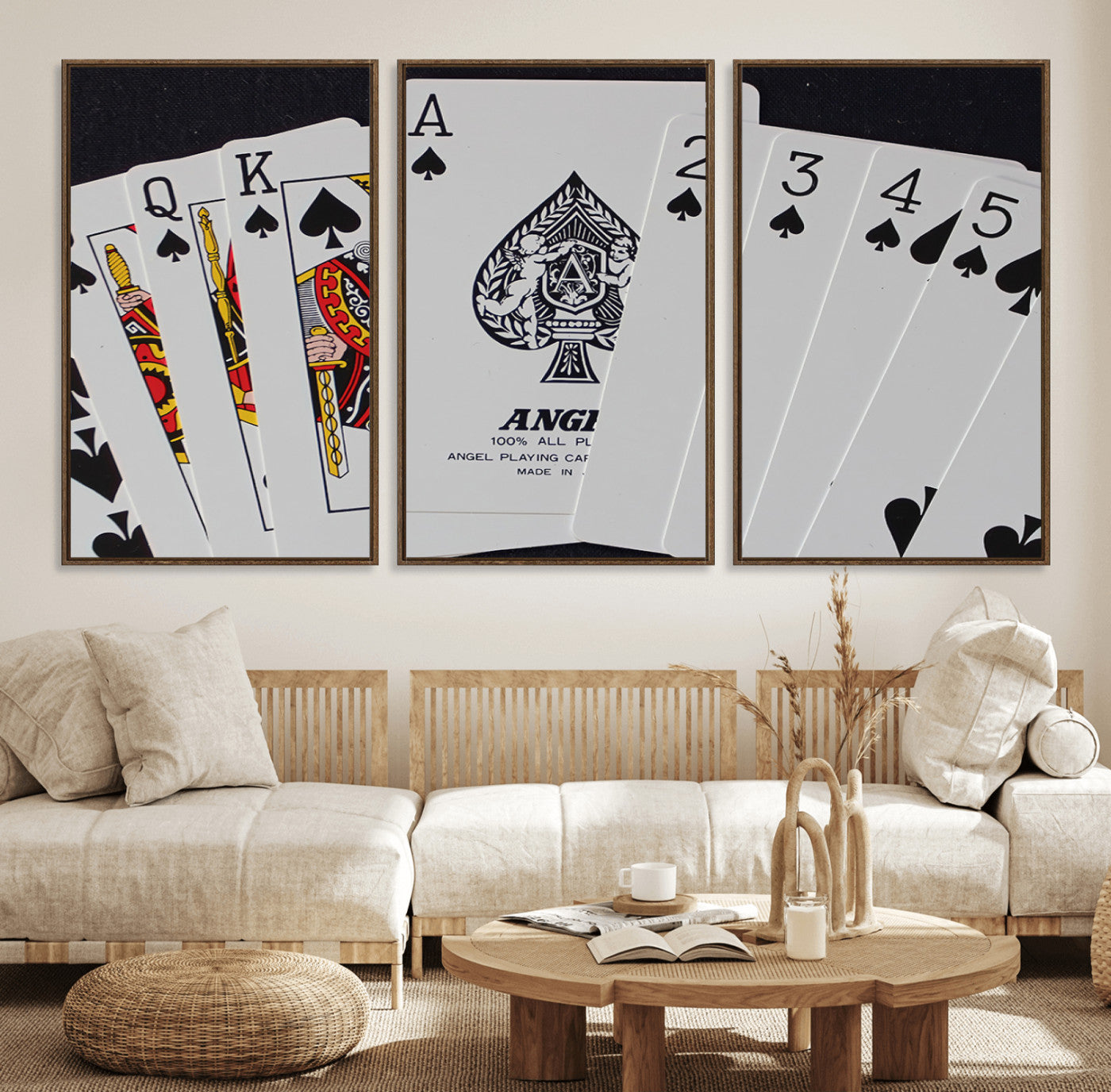 56787-MGV-FC-60X30-3P_Walnut-Poker Wall Art - Playing Cards Canvas Wall Art Print - Ace of Spades and Royal Flush Design, Perfect