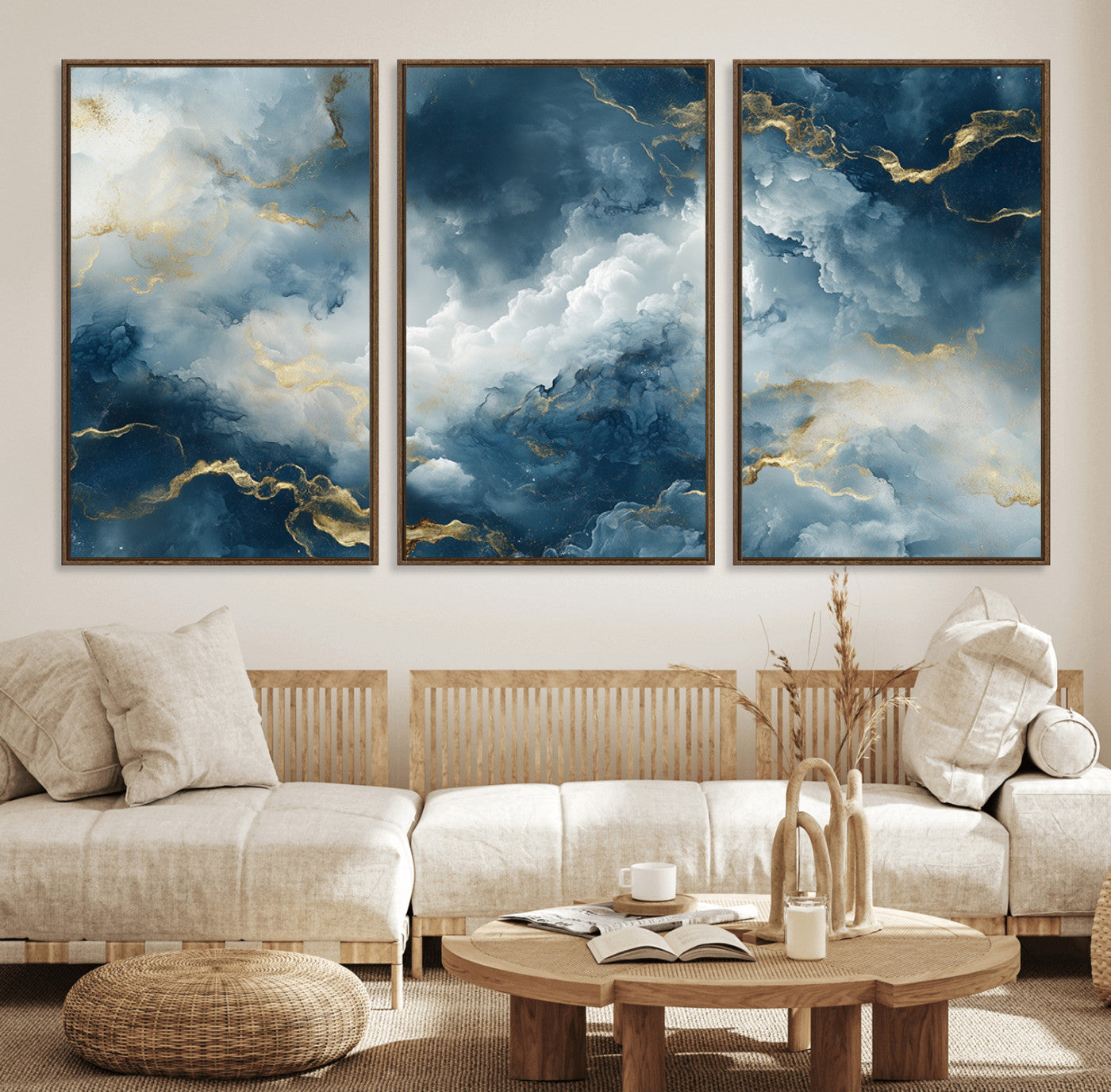 48298-MGV-FC-60X30-3P_Walnut-Large Abstract Print - Luxe Blue and Gold Abstract Canvas Wall Art - Bold Cloudscape Canvas for