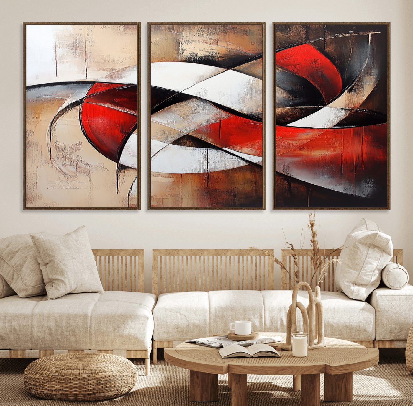 MGV-FC-60X30-3P - Abstract Wall Art - Modern Red and White Canvas Wall Art Print - Bold Geometric Abstract Canvas for