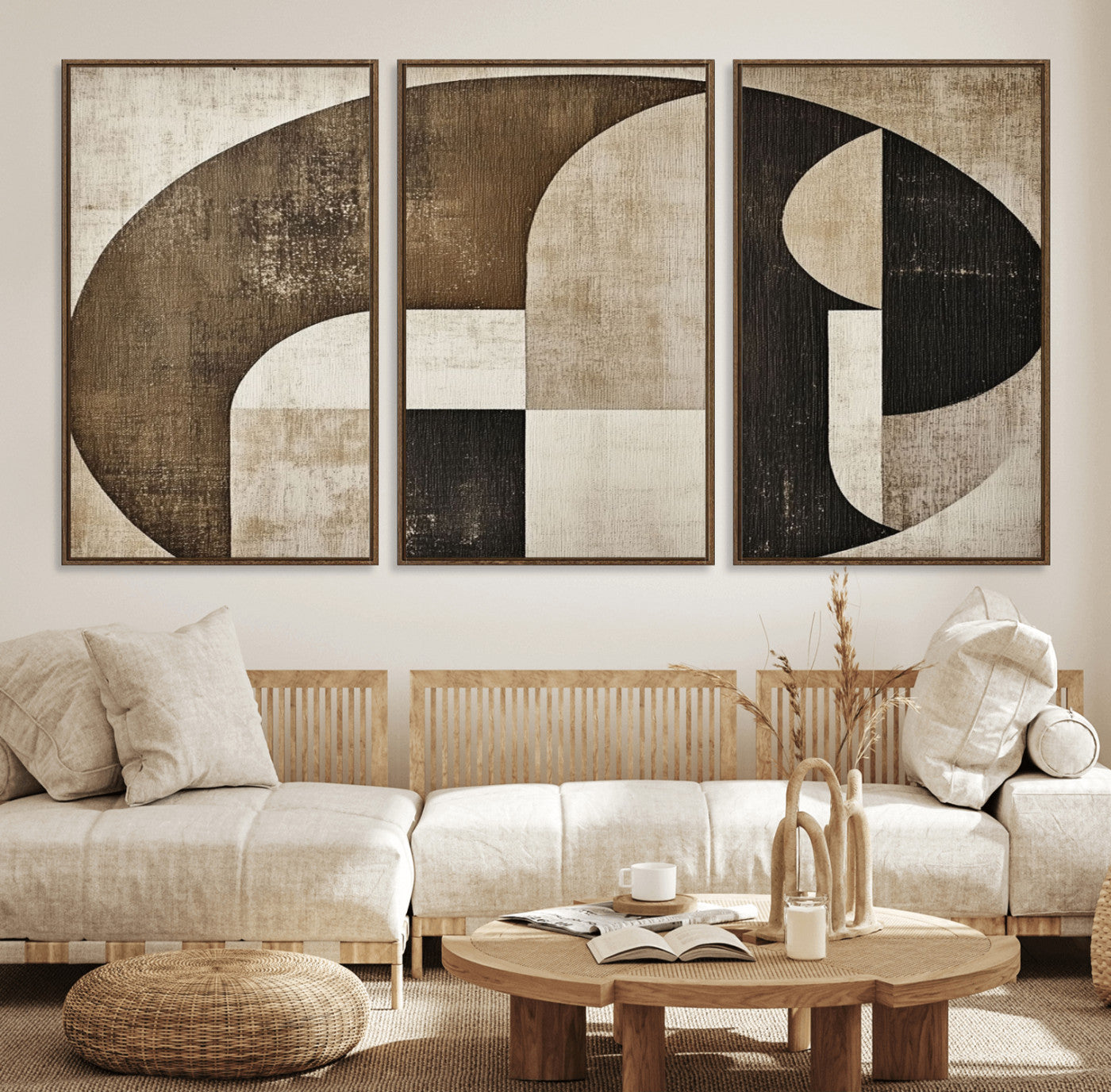 44796-MGV-FC-60X30-3P_Walnut-Wabi Sabi Abstract Wall Art | Geometric Modern Minimalist Canvas Print with Neutral Mid Century Art