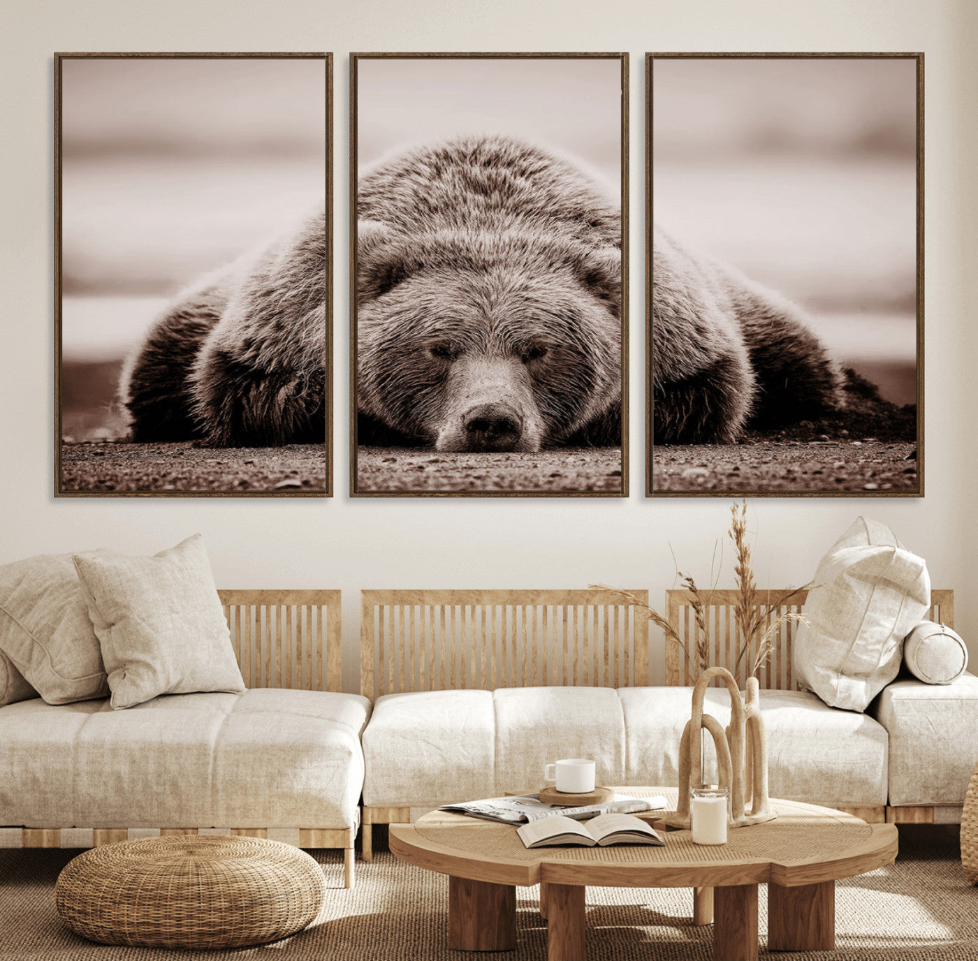20611-MGV-FC-60X30-3P_Walnut-Grizzly Bear Wall Art Print - Bear Canvas Wall Art - Rustic Bear Portrait Canvas Print for Cabin