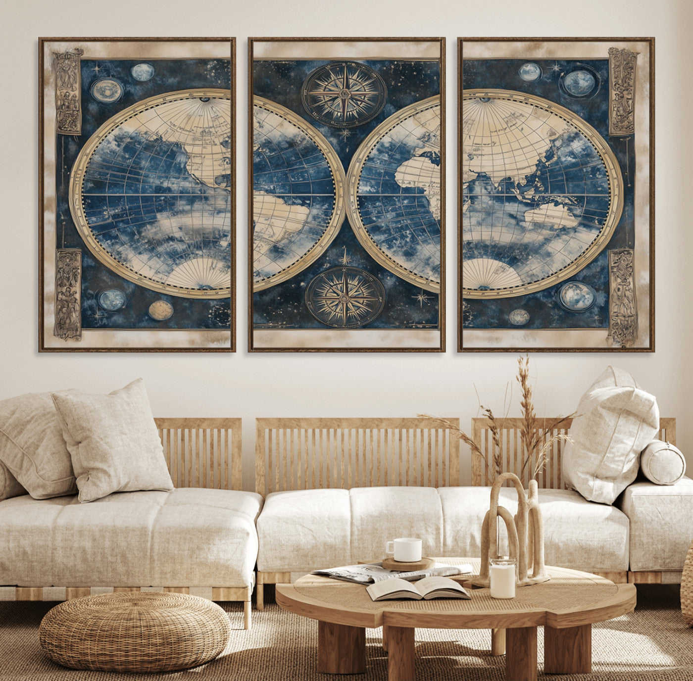 46473-MGV-FC-60X30-3P_Walnut-Framed Vintage Blue World Map Canvas Print – Antique Double Hemisphere Wall Art for Home and Office Decor, Classic Explorer Map Artwork