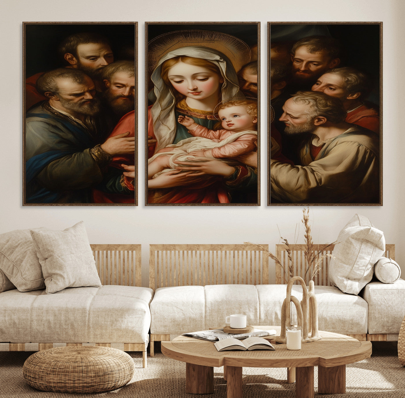 40231-MGV-FC-60X30-3P_Walnut-Religious Canvas Wall Art Print - Madonna and Child with Apostles Art Print - Classic Christian