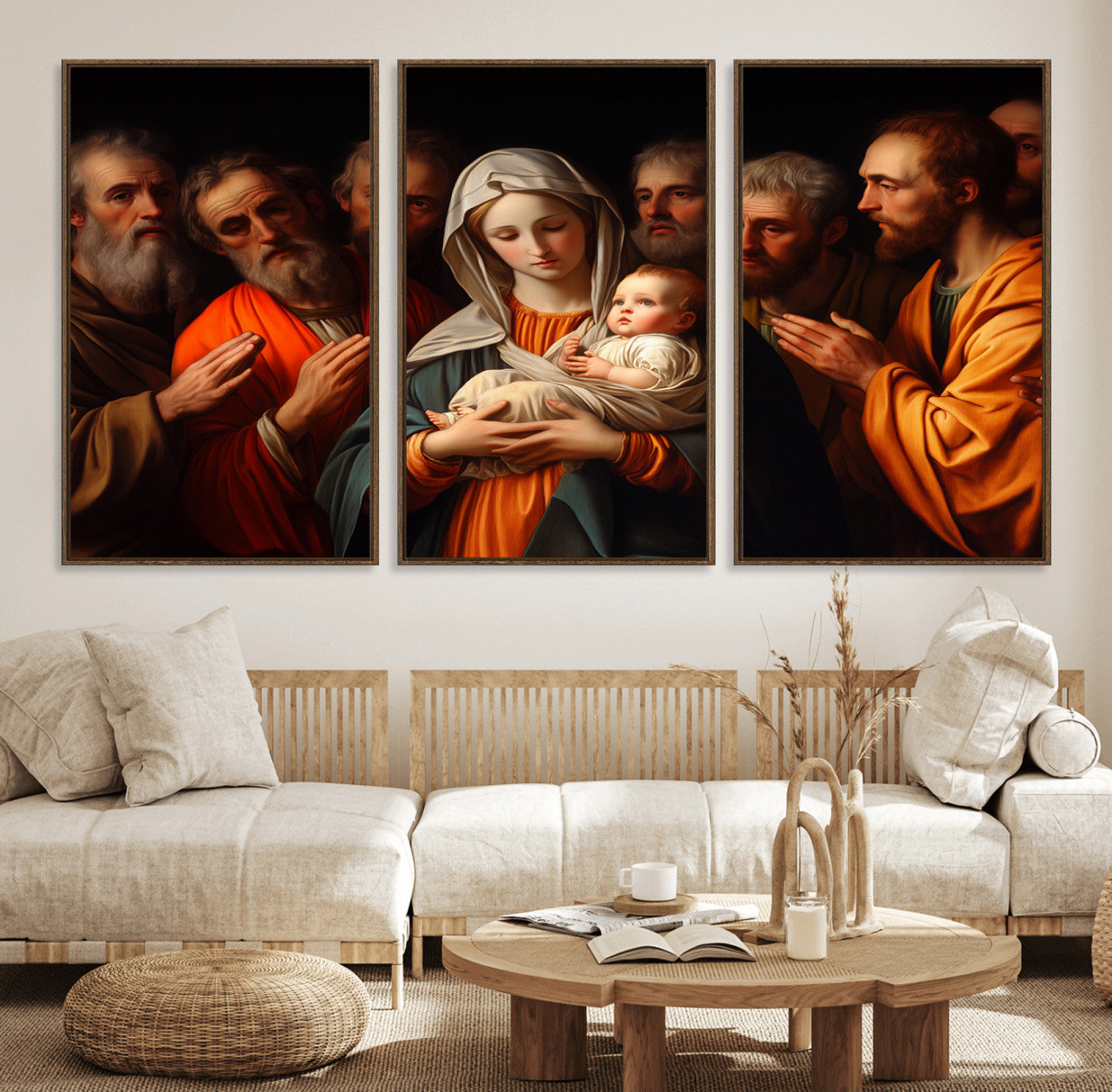 41397-MGV-FC-60X30-3P_Walnut-Religious Canvas Wall Art Print - Madonna and Child with Apostles Art Print - Classic Christian