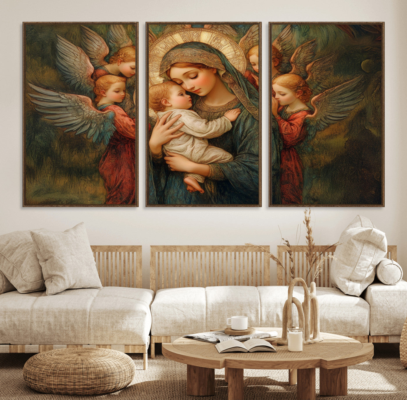 80459-MGV-FC-60X30-3P_Walnut-Mary Jesus Canvas Wall Art Print - Madonna and Child with Angels Art Print - Classic Christian