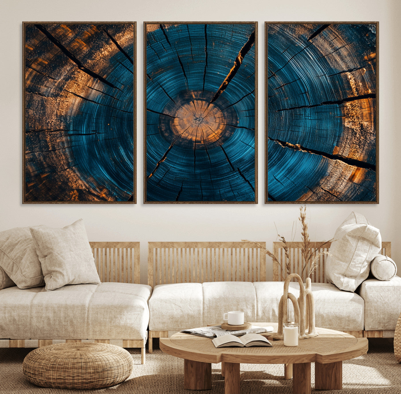 MGV-FC-60X30-3P - Abstract Tree Rings Wall Art Canvas Print - Wood Grain Rings Artwork Print - Nature Woodland Modern