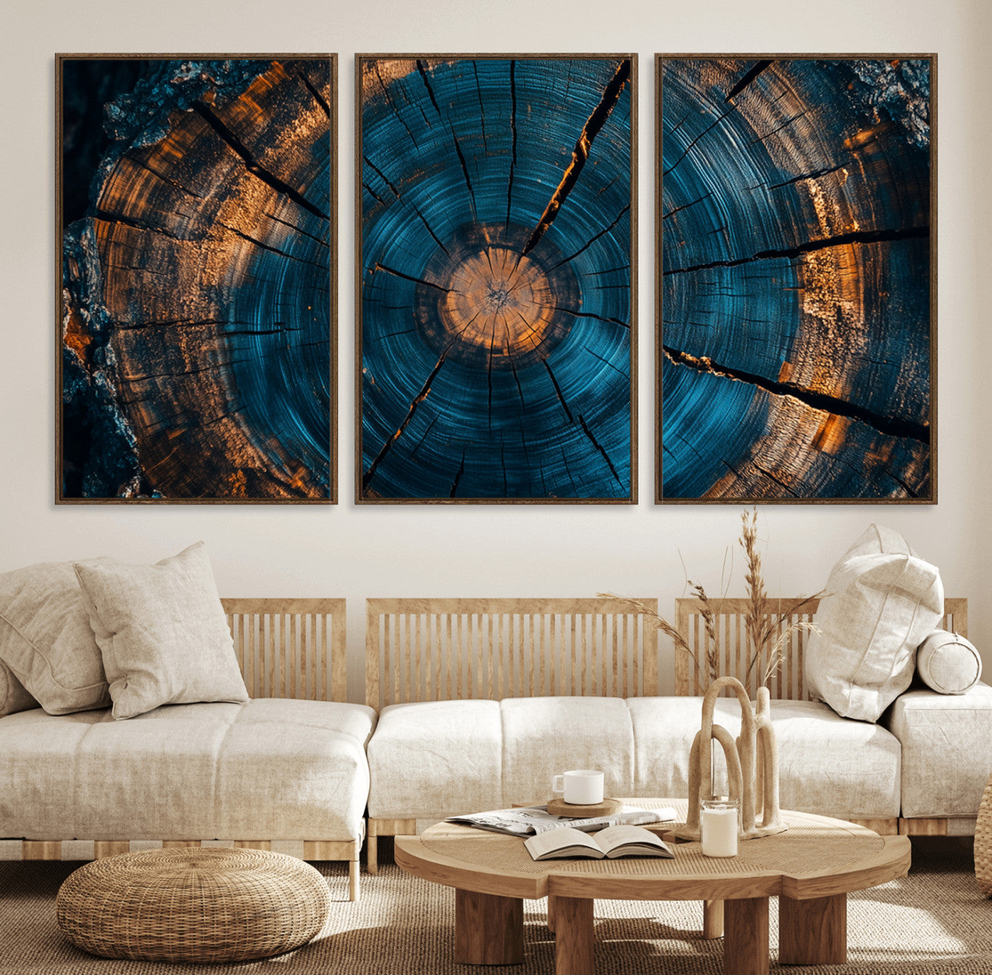MGV-FC-60X30-3P - Farmhouse Wall Art - Abstract Tree Rings Canvas Wall Art Print, Framed Wood Grain Rings Artwork