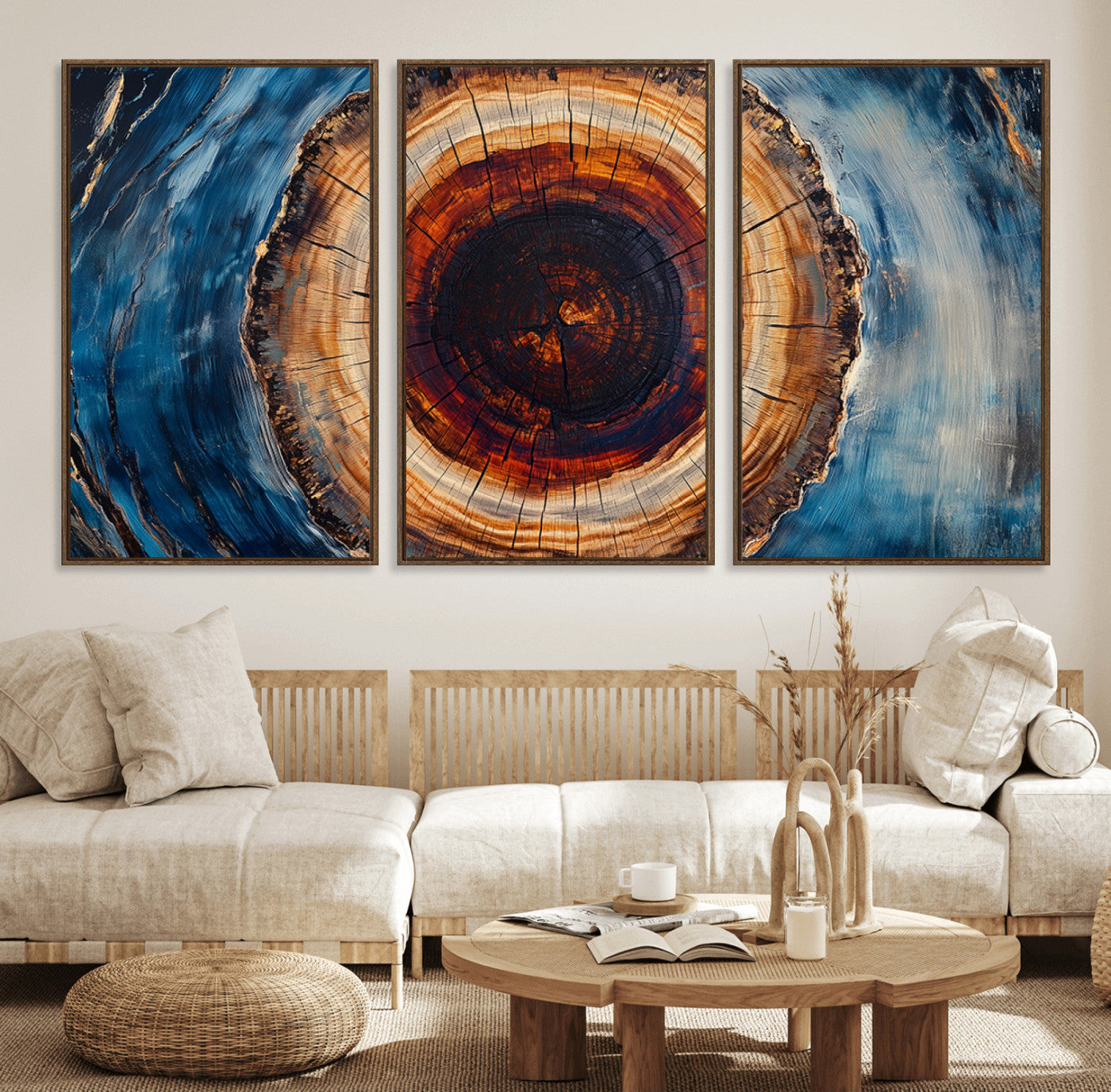 MGV-FC-60X30-3P - Framed Abstract Tree Ring Wall Art Print, Natural Rustic Wood Texture Canvas Print, Wood Tree Stump