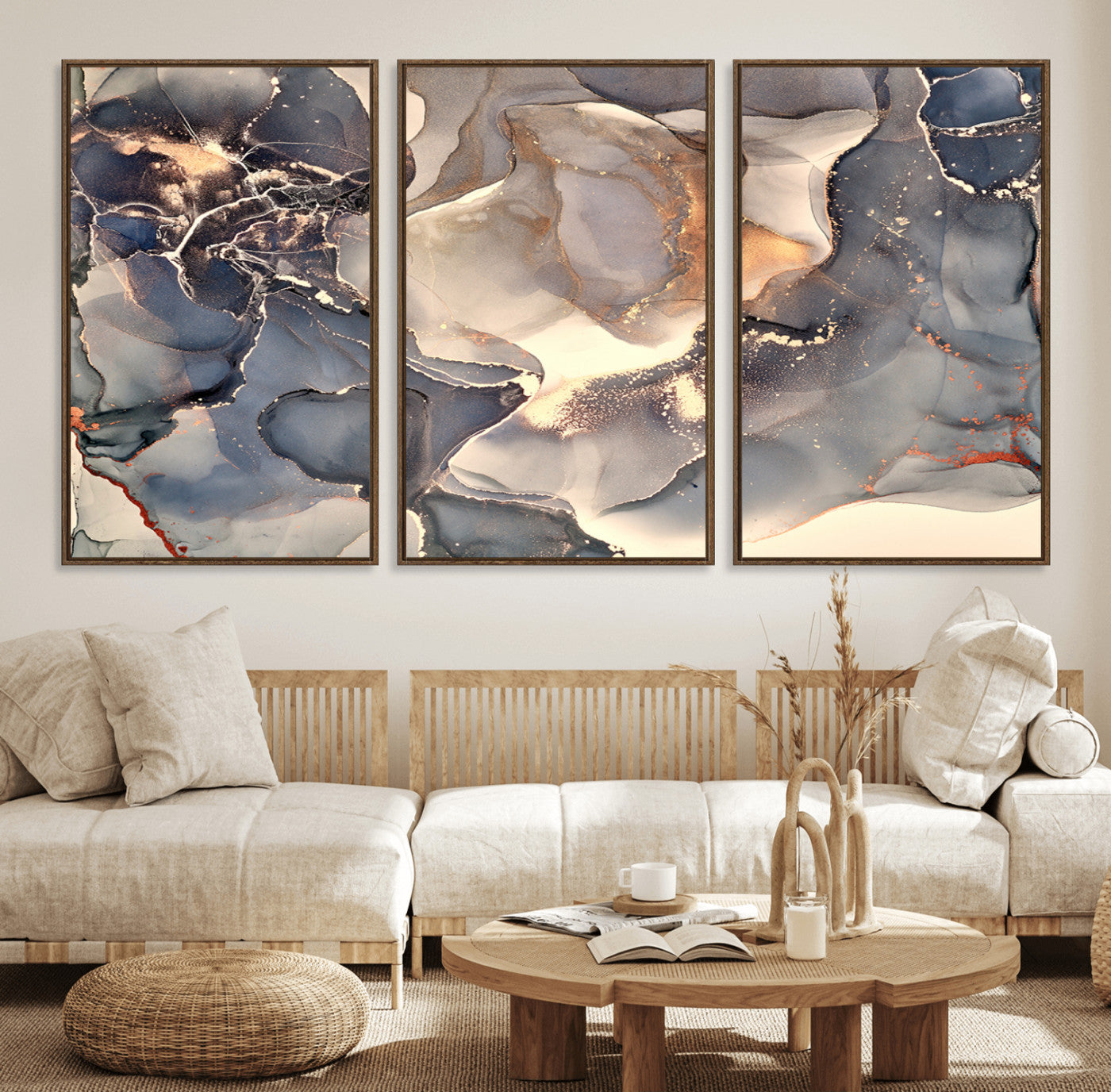 18202-MGV-FC-60X30-3P_Walnut-Abstract Blue and Gold Wall Art - Fluid Ink Artwork - Modern Luxury Wall Decor for Contemporary