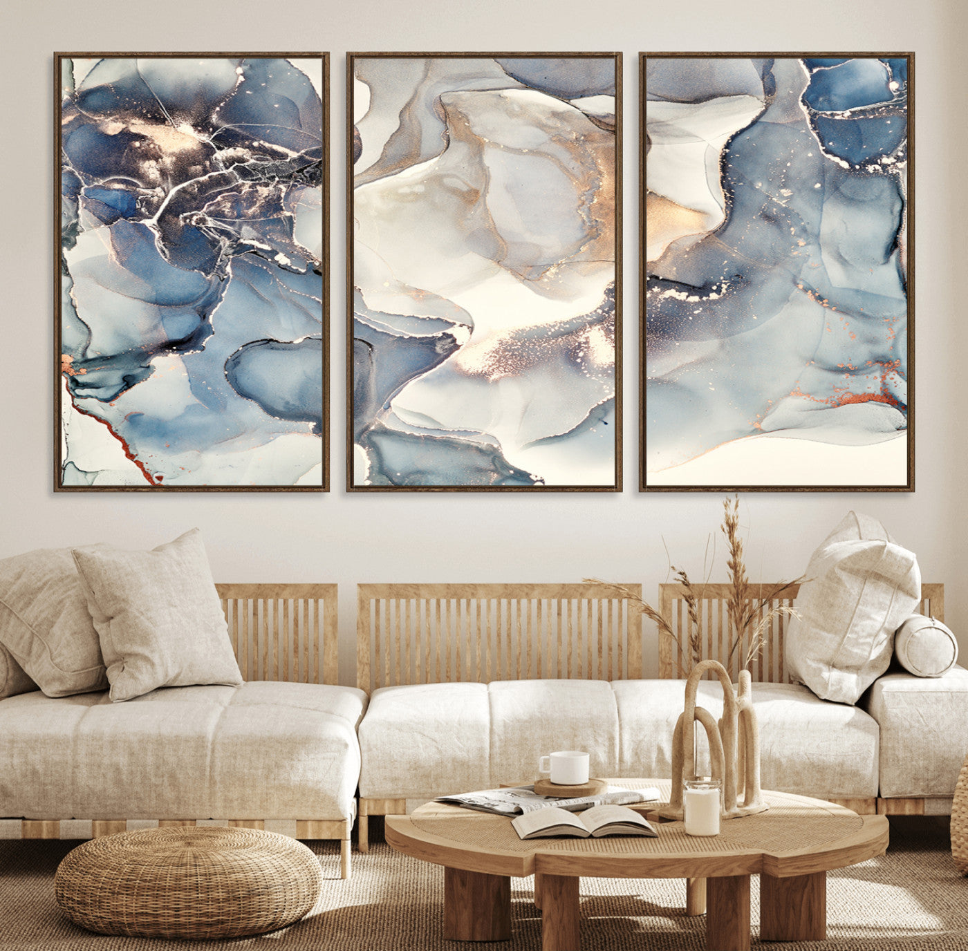 MGV-FC-60X30-3P - Abstract Blue and Gold Canvas Wall Art - Fluid Modern Ink Artwork - Modern Luxury Wall Decor for