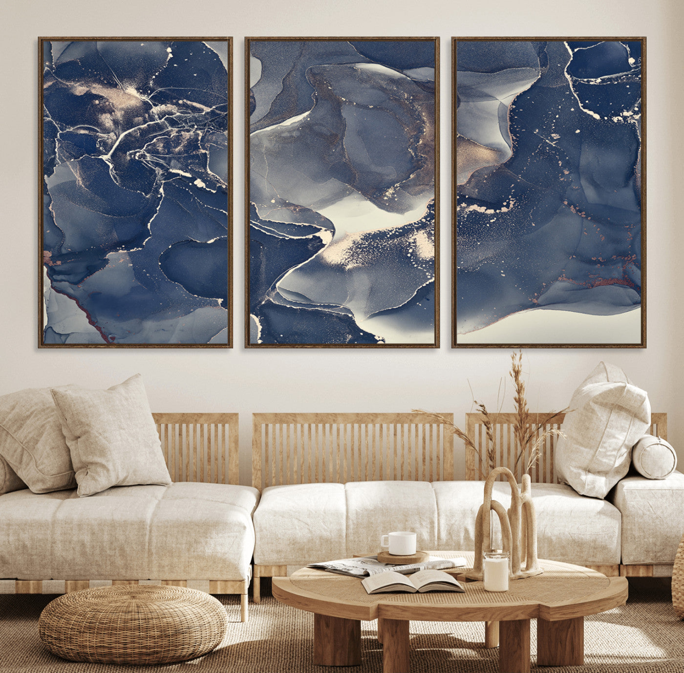 MGV-FC-60X30-3P - Large Abstract Blue and Gold Canvas Wall Art | Fluid Ink Artwork Print | Luxury Wall Decor for