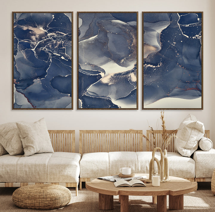 Large Abstract Blue and Gold Canvas Wall Art | Fluid Ink Artwork Print | Luxury Wall Decor for Contemporary Interiors | Framed Ready to Hang