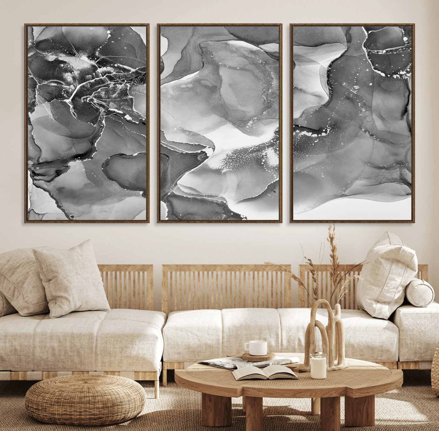 15911-MGV-FC-60X30-3P_Walnut-Black White Abstract Canvas Wall Art - Fluid Ink Artwork - Modern Luxury Wall Decor for Contemporary