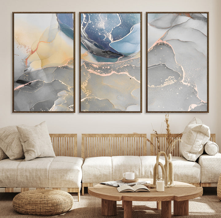 Large Abstract Blue and Gold Canvas Wall Art | Fluid Ink Artwork Print | Luxury Wall Decor for Contemporary Interiors | Framed Blue and Gold