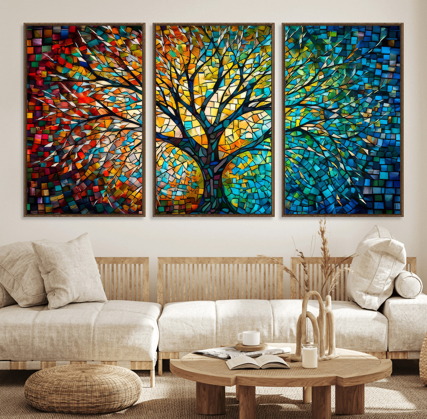 MGV-FC-60X30-3P - Yggdrasil Tree of Life Wall Art Print Canvas | Mosaic Style 3-Panel Canvas Print