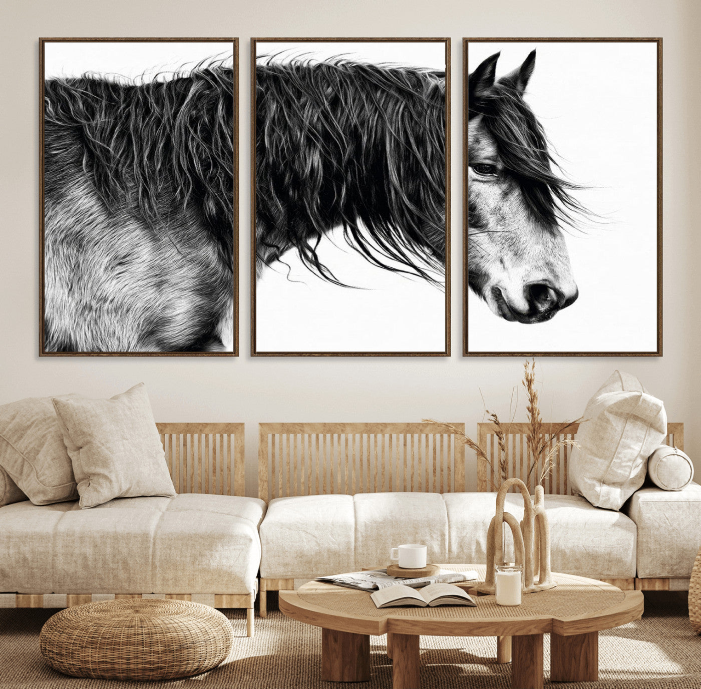 57694-MGV-FC-60X30-3P_Walnut-Black Horse Wall Art Canvas Print for Farmhouse Decor and Woodland Decoration