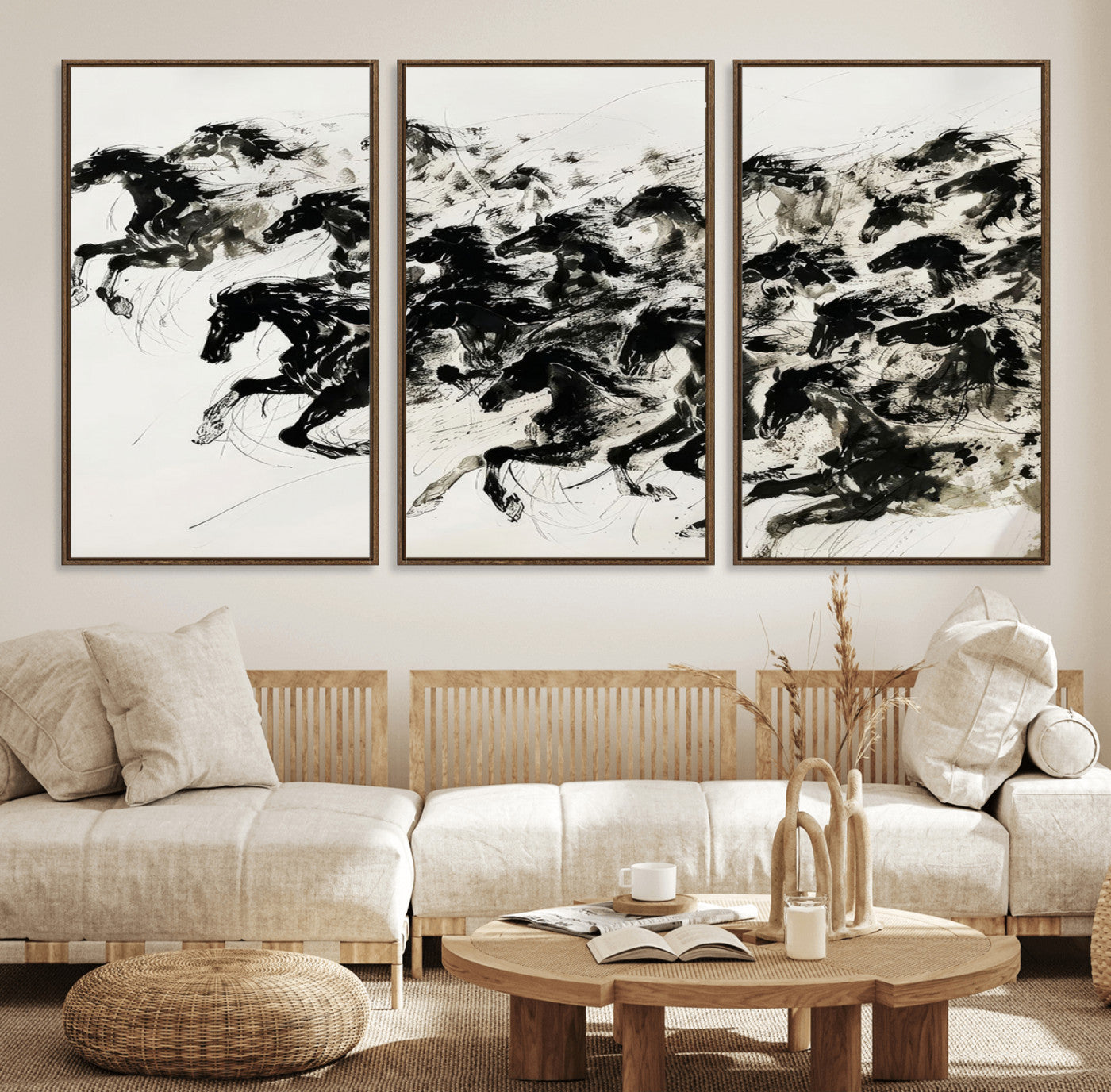 23069-MGV-FC-60X30-3P_Walnut-Abstract Horse Wall Art Canvas Print - Dynamic Black Ink Horse Print - Modern Equine Wall Decor for