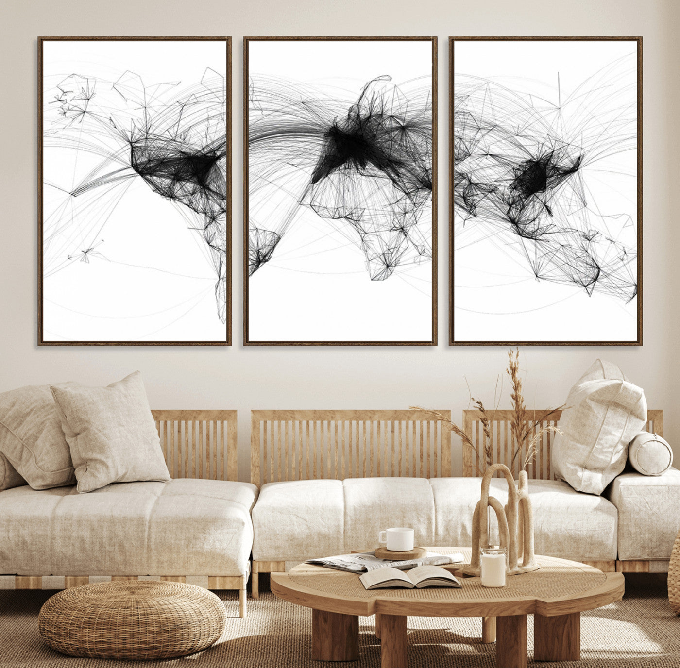 A minimalist abstract world map created from interconnected black lines representing global connectivity and communication networks.