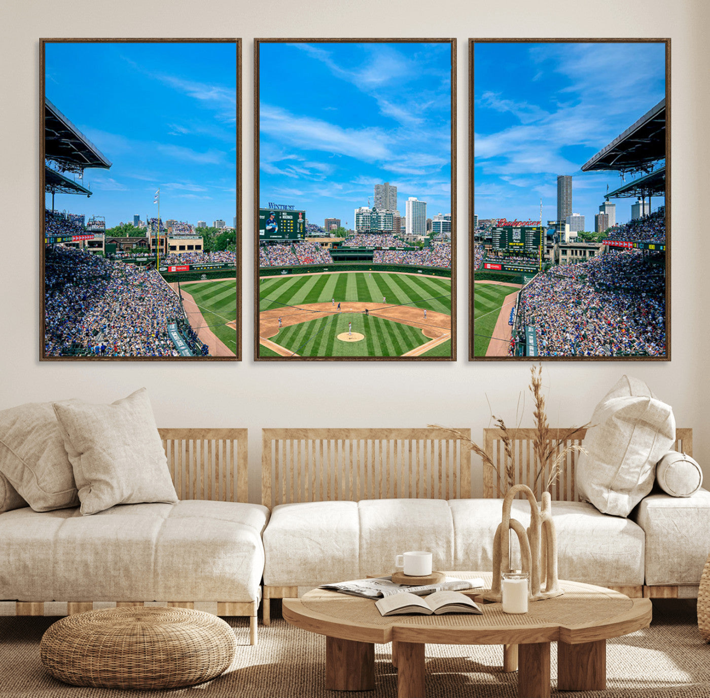 32373-MGV-FC-60X30-3P_Walnut-Wrigley Field Chicago Cubs Panoramic Art Multi-Piece Canvas – Iconic Baseball Stadium Wall Print for Home, Office