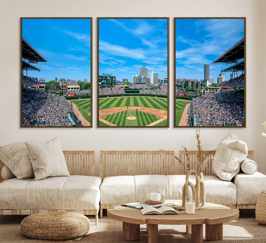 Panoramic view of Wrigley Field, ideal for the Wrigley Field Chicago Cubs Panoramic Canvas Wall Art - Ready to Hang.