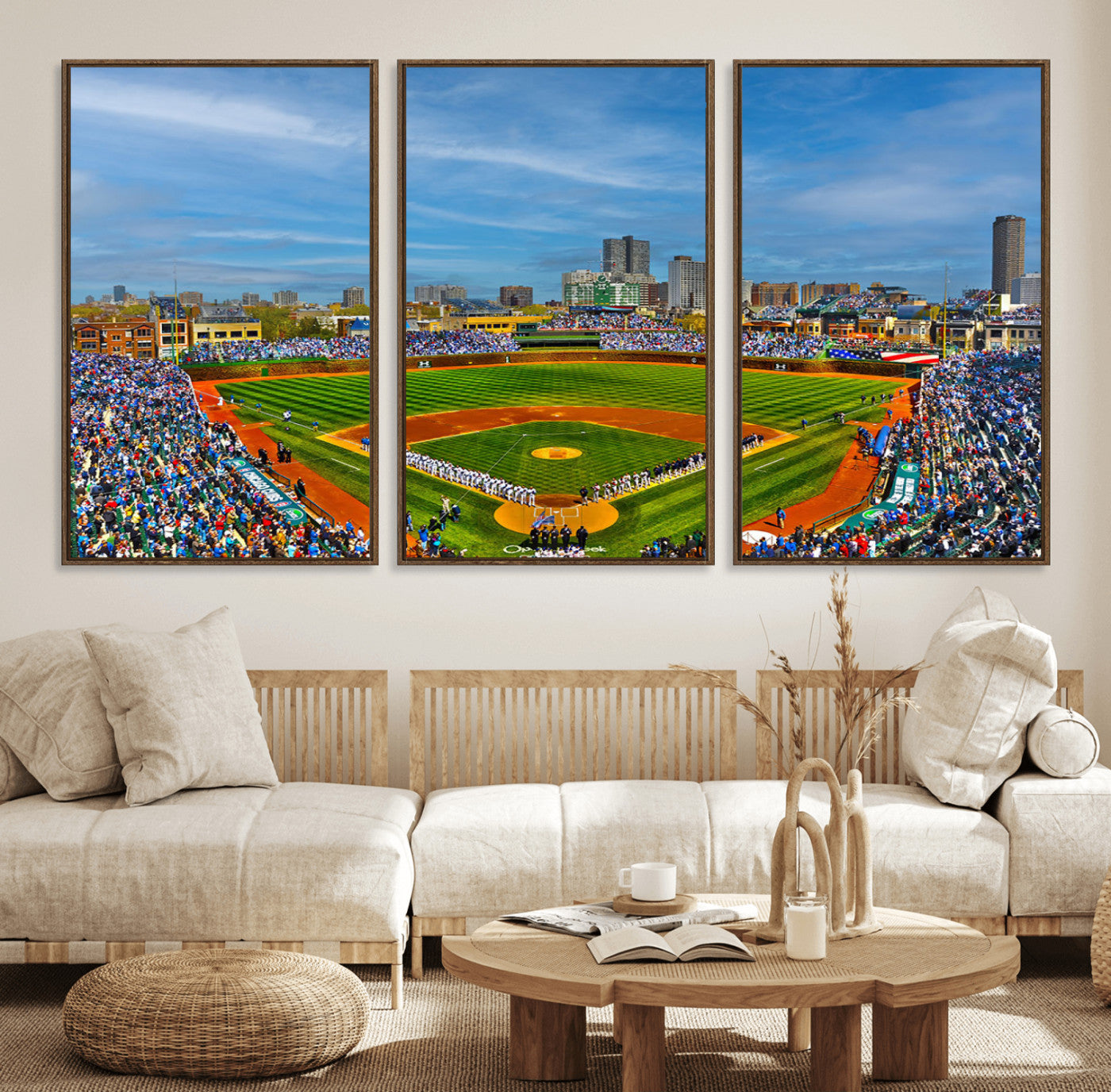 78105-MGV-FC-60X30-3P_Walnut-Wrigley Field Chicago Cubs Panoramic Canvas Print – Multi-Piece Iconic Baseball Stadium Wall Art for Home, Office