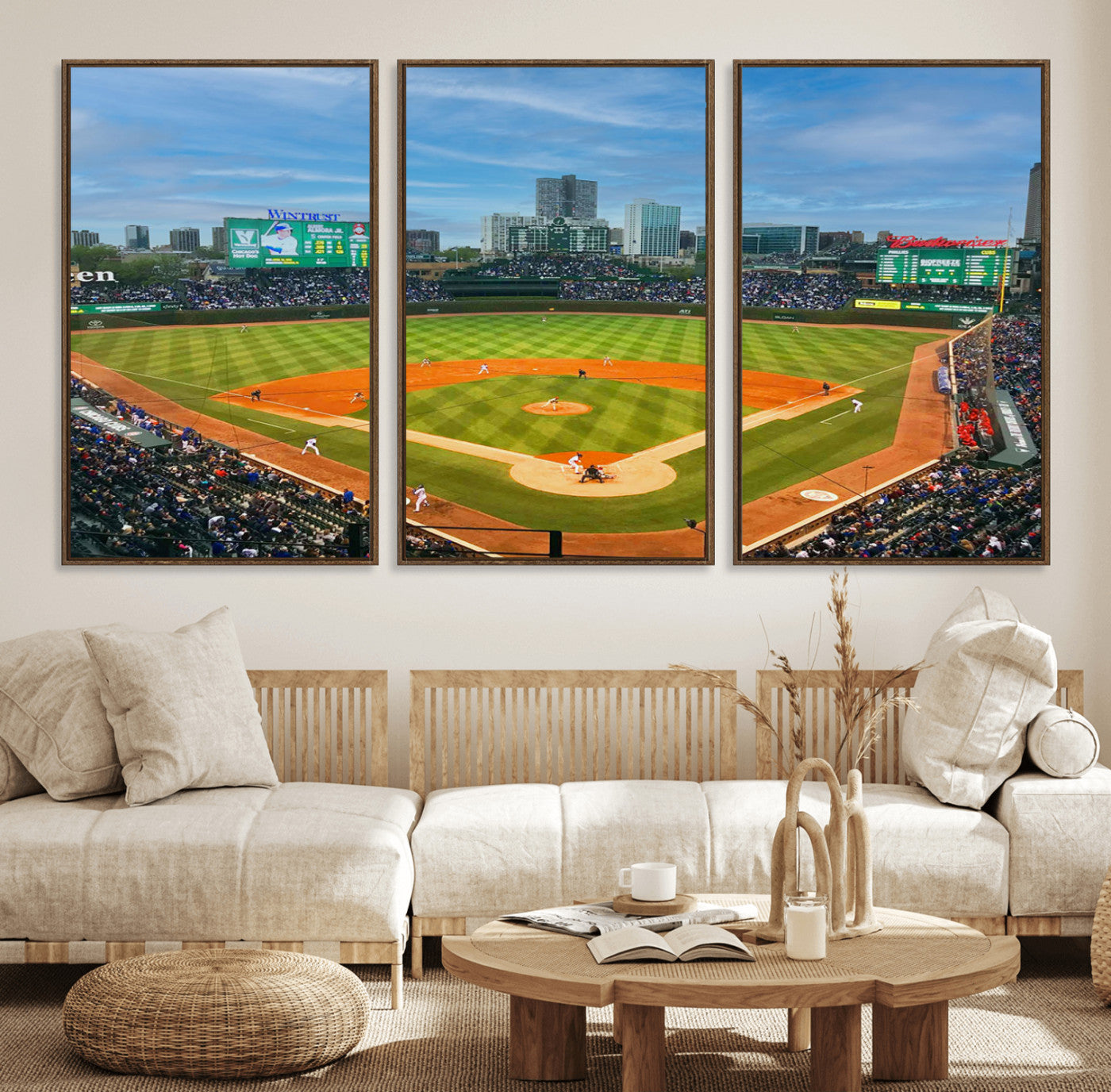 86839-MGV-FC-60X30-3P_Walnut-Wrigley Field Chicago Cubs Panoramic Canvas Print – Multi-Piece Iconic Baseball Stadium Wall Art for Home, Office