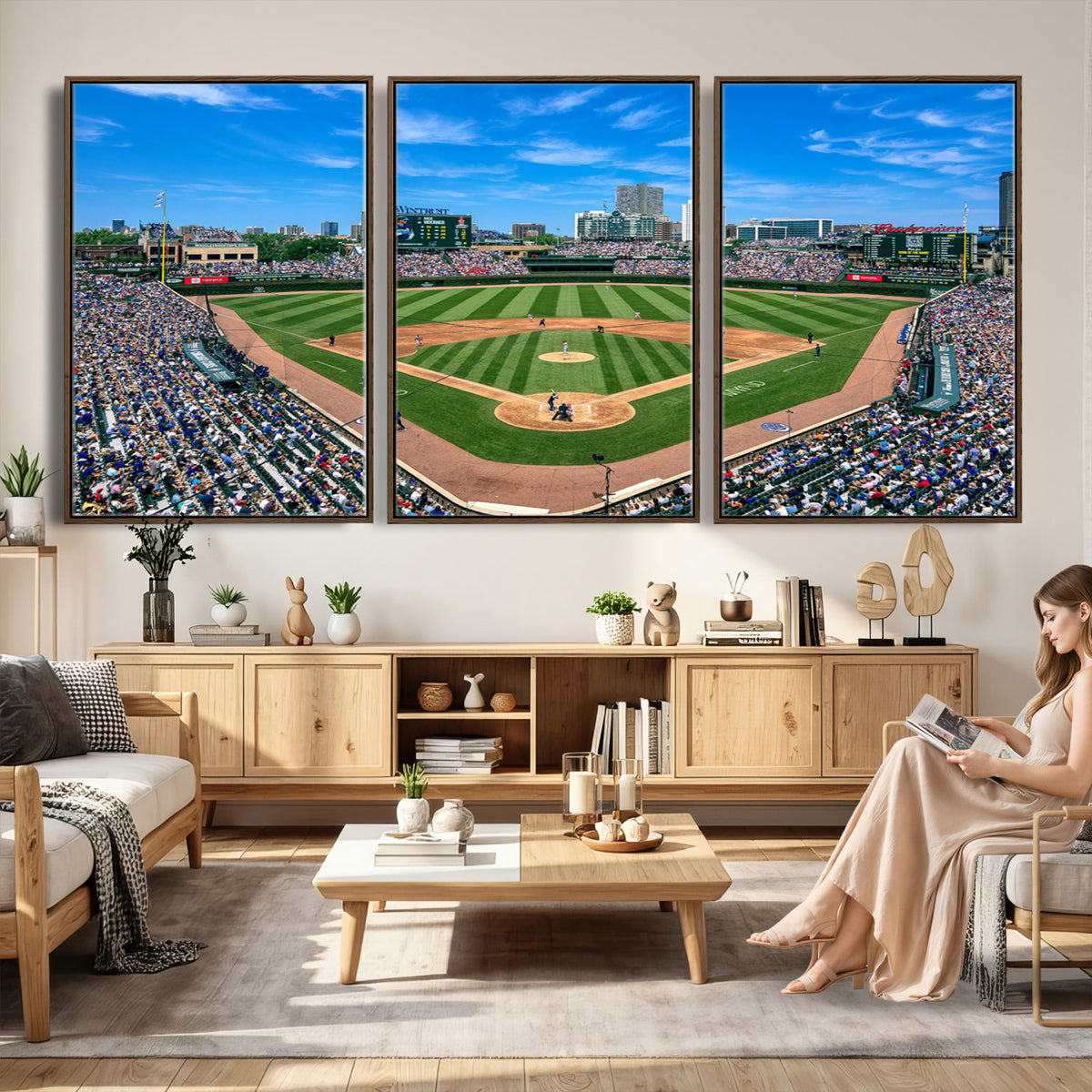 26064-MGV-CV-36X24 - Framed Wrigley Field Chicago Cubs Canvas Print – Panoramic Multi-Piece Iconic Baseball Stadium Wall Art for Home, Office