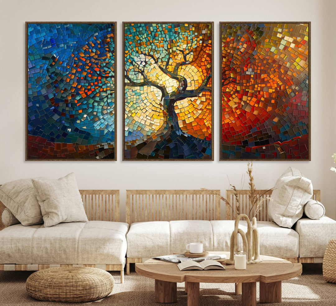 Mosaic Tree Canvas Wall Art: A stunning stained glass-inspired Tree of Life featuring blue and orange swirling patterns reminiscent of a sunburst.